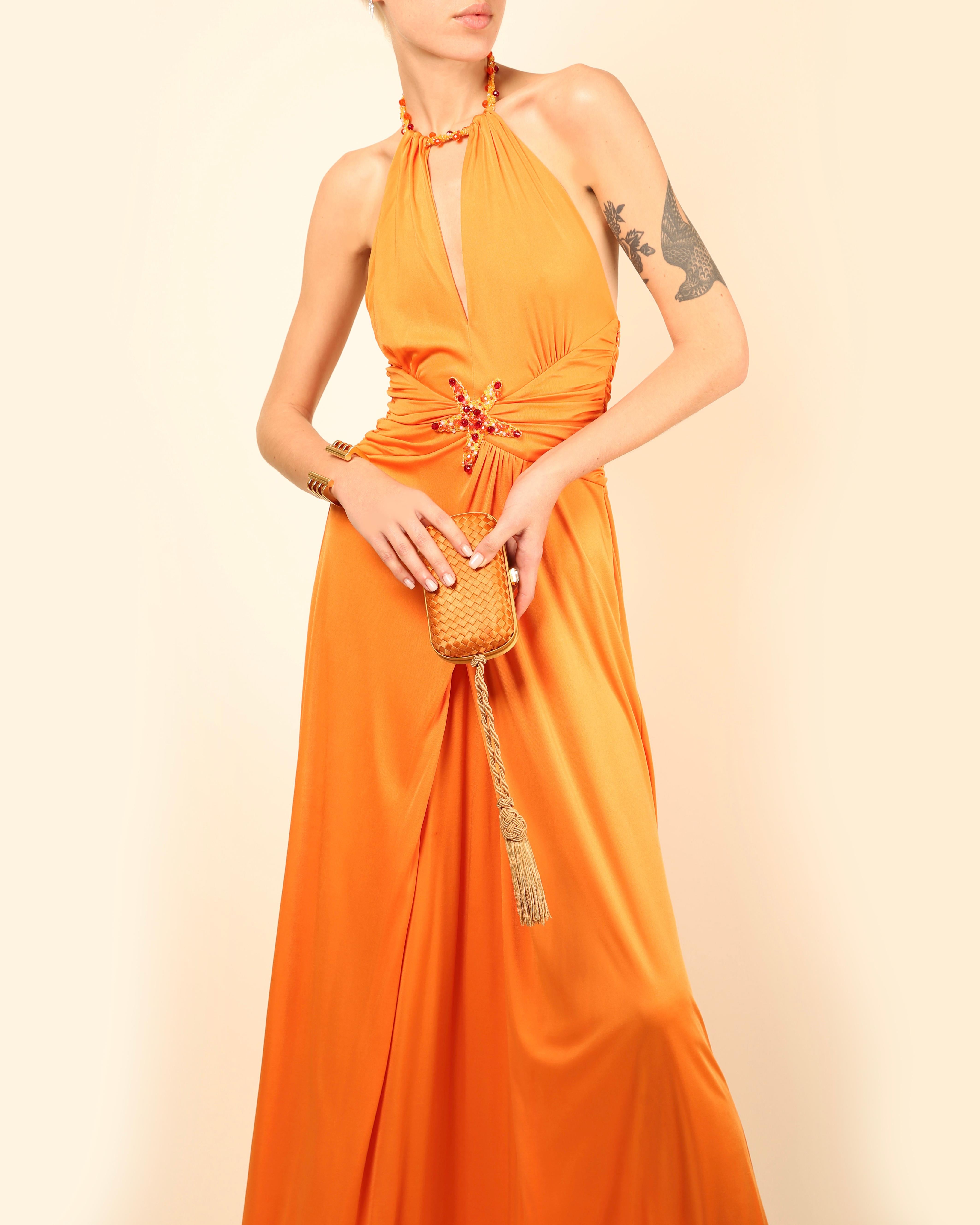 Blumarine orange embellished cut out plunging halter neck backless maxi dress For Sale 6