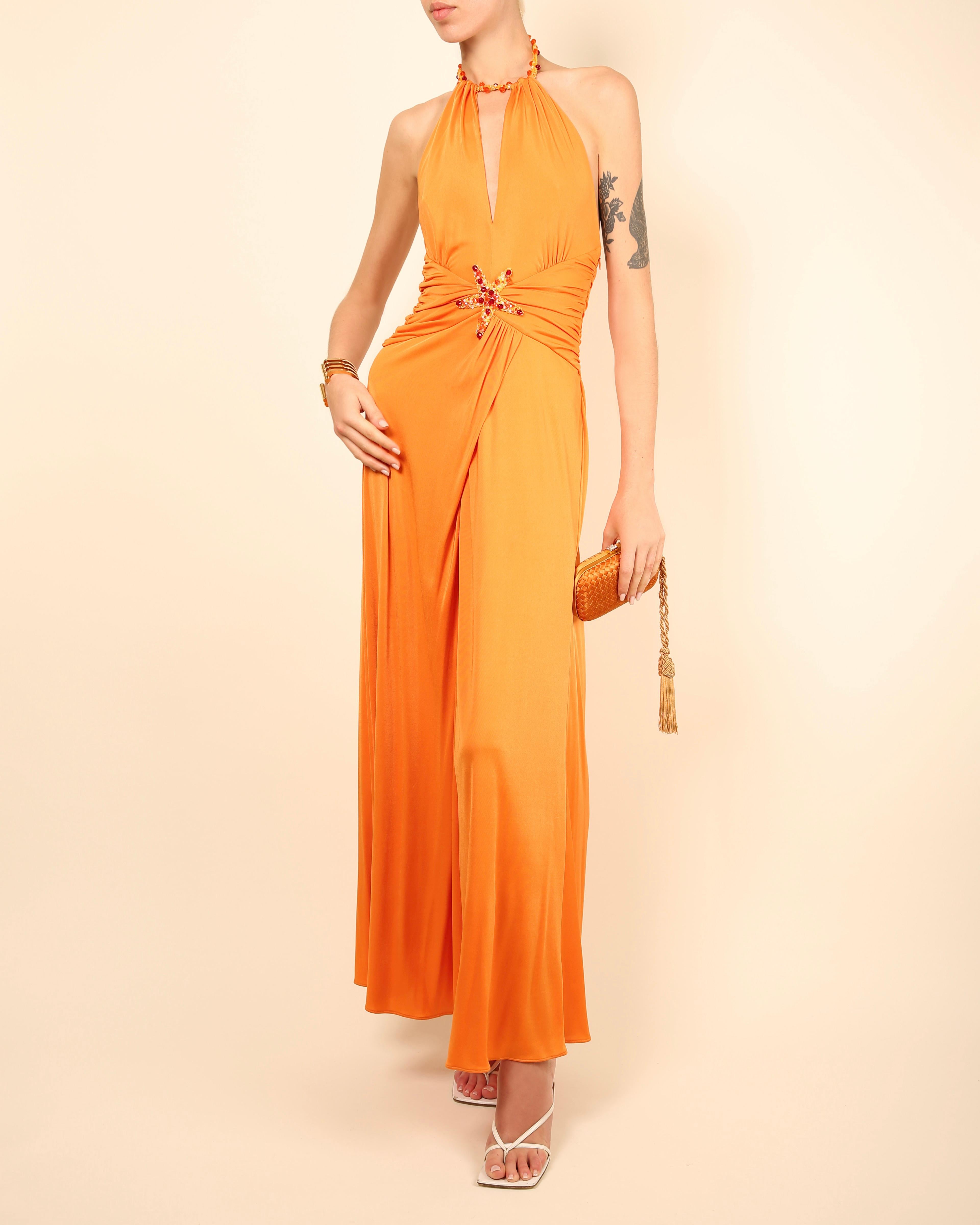 Orange Blumarine orange embellished cut out plunging halter neck backless maxi dress For Sale