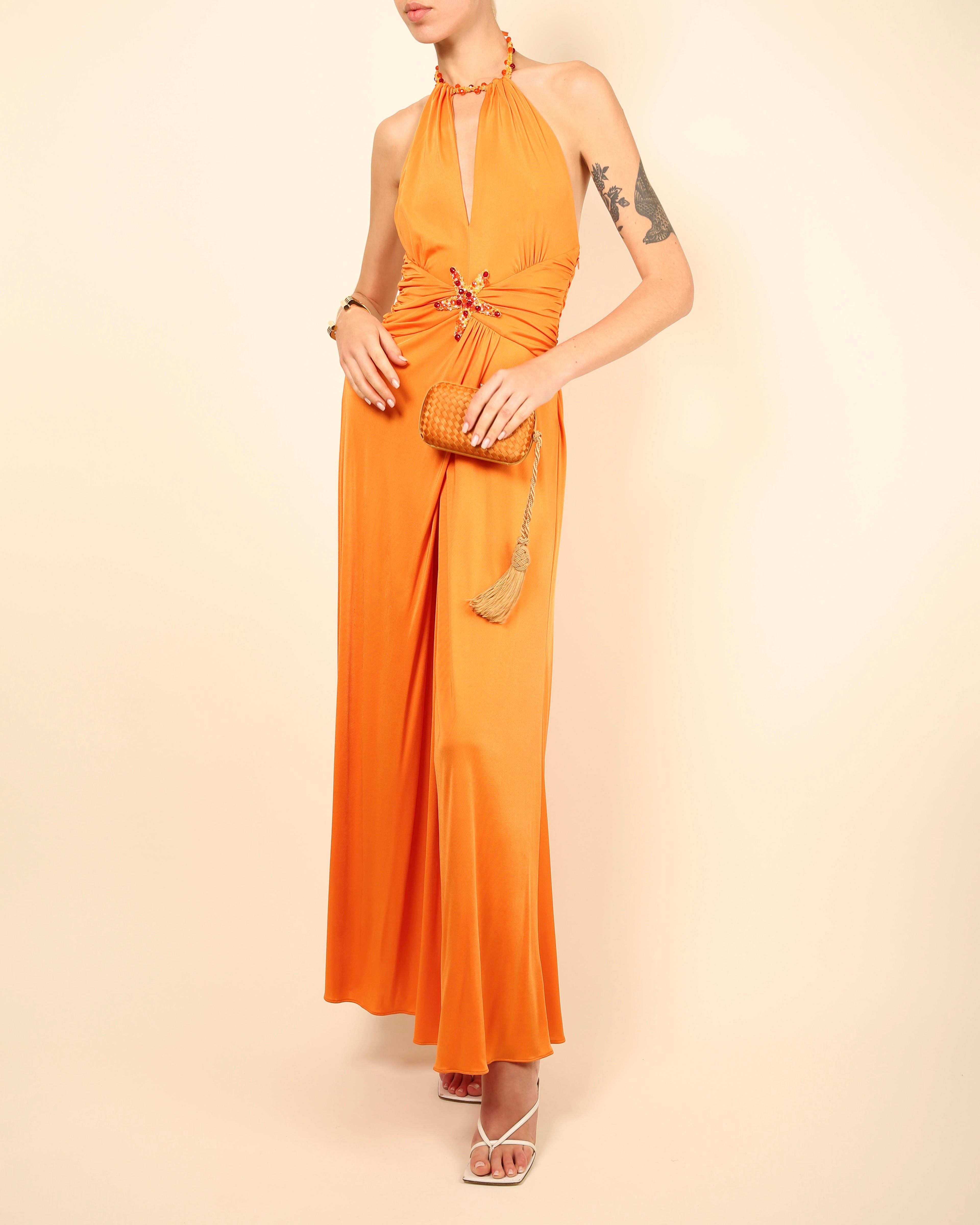 Blumarine orange embellished cut out plunging halter neck backless maxi dress In Good Condition For Sale In Paris, FR