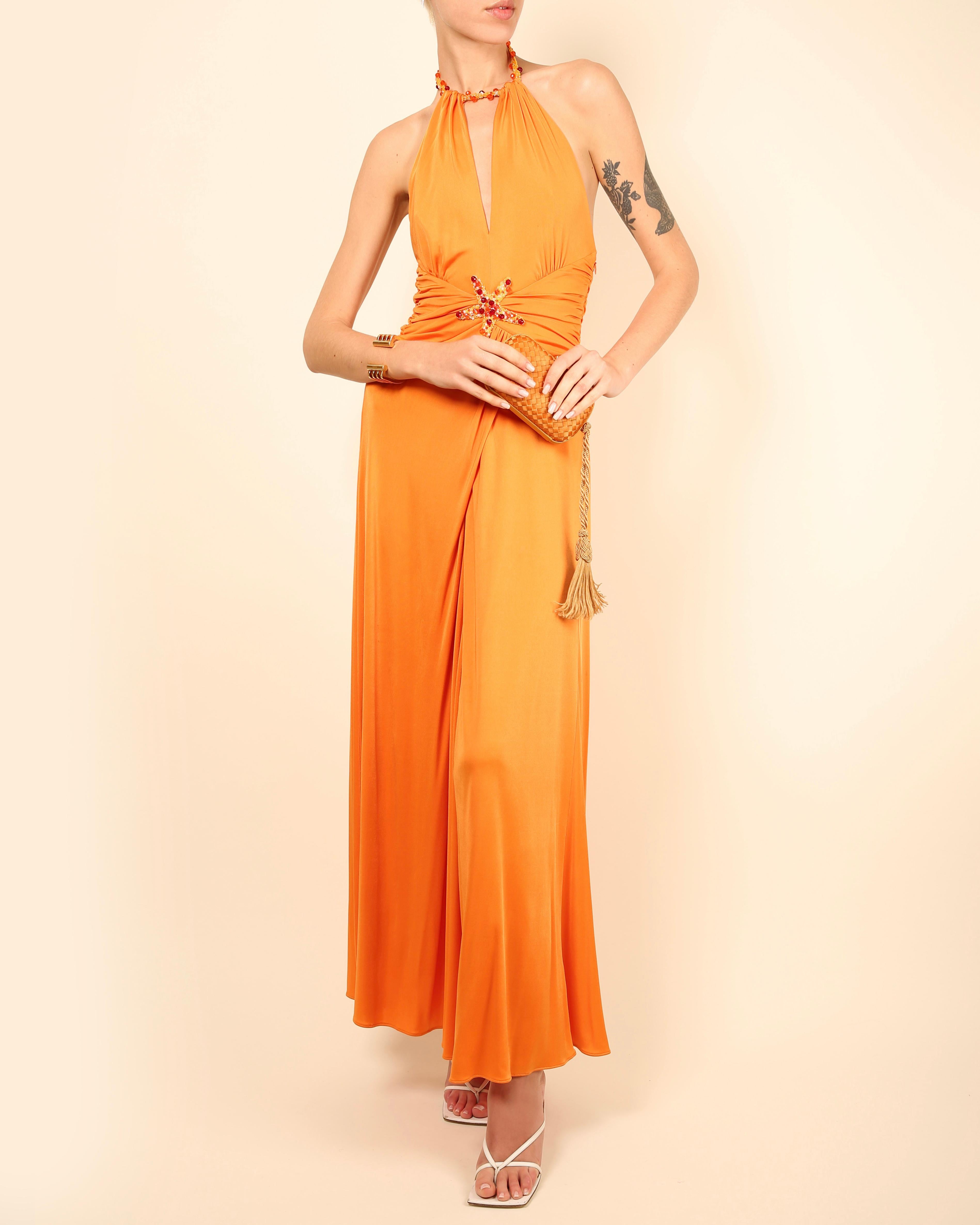 Women's Blumarine orange embellished cut out plunging halter neck backless maxi dress For Sale