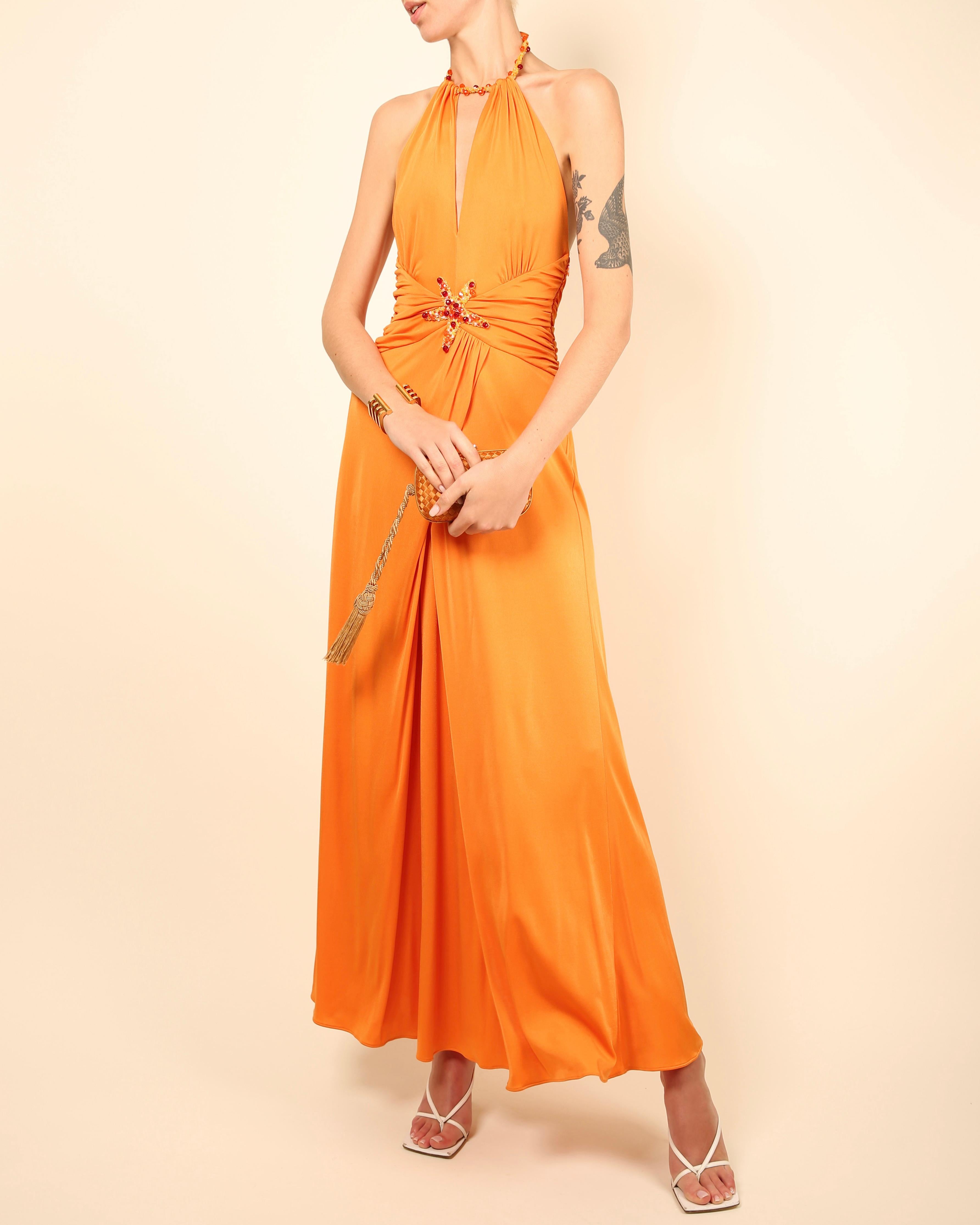 Blumarine orange embellished cut out plunging halter neck backless maxi dress For Sale 1