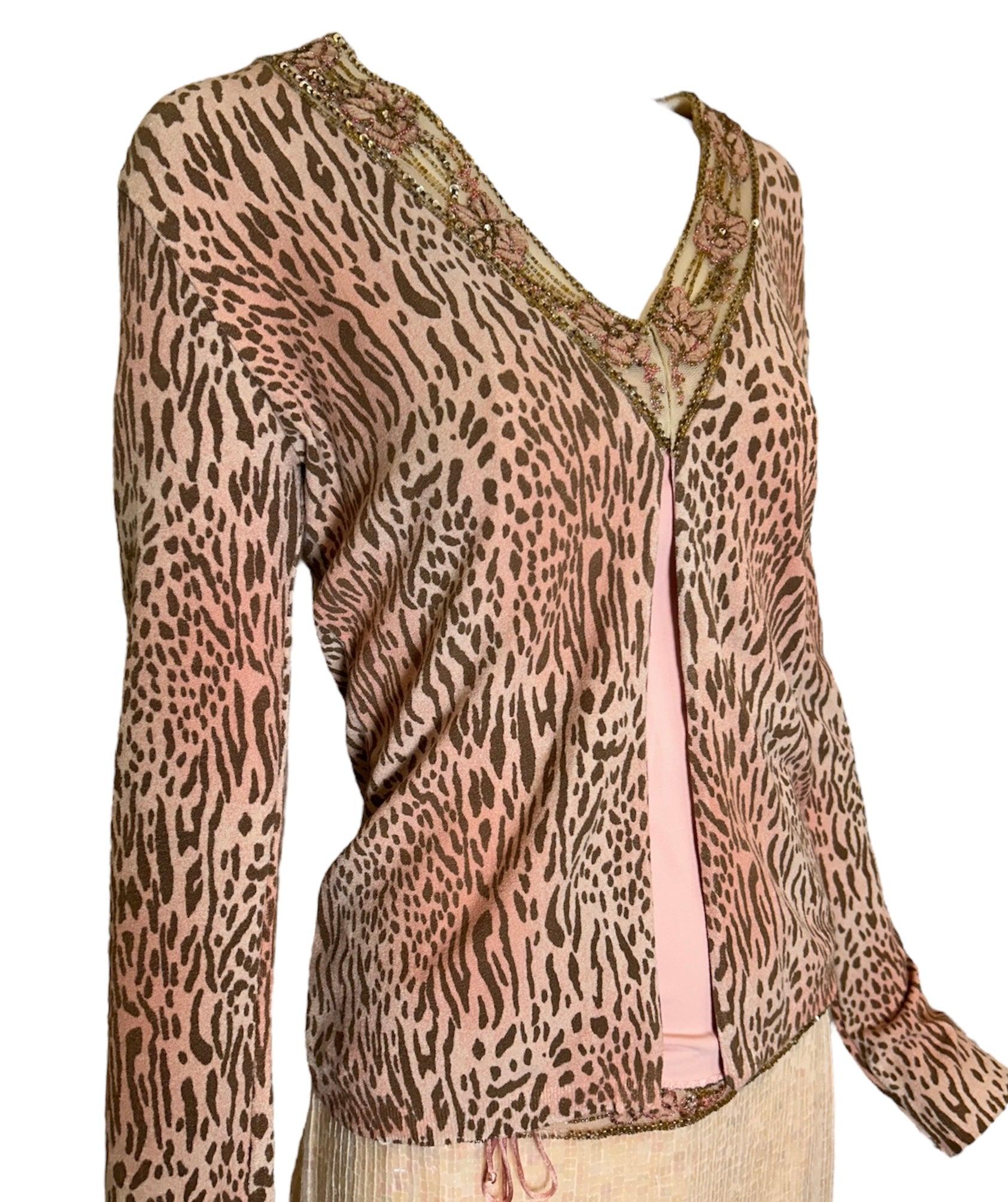 Beige Blumarine Pink Animal Print Sequined 3-Piece Ensemble For Sale