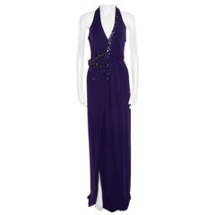 Blumarine Purple Embellished Draped Halter Gown S