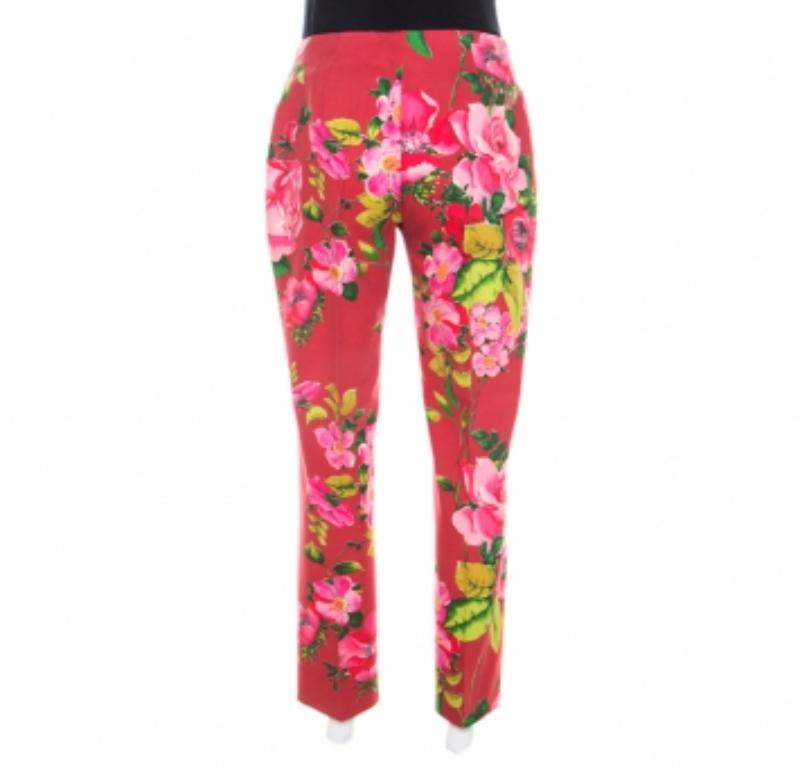 Rosso Blumarine Red Pantaloni dritti in cotone con stampa floreale M. I. in vendita