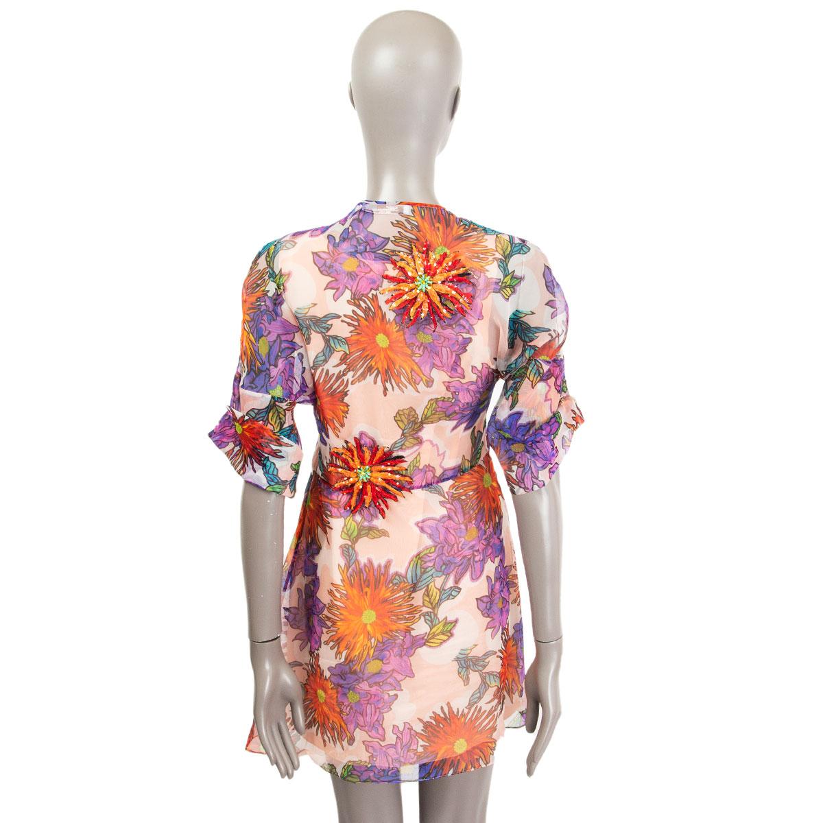 BLUMARINE red purple FLORAL silk chiffon BEADED Short Sleeve Dress XS In Excellent Condition For Sale In Zürich, CH