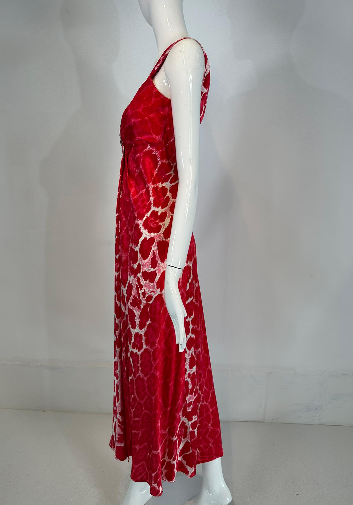 Blumarine Red & White Silk Animal Print Maxi Dress with Jewel Decoration Bodice For Sale 6