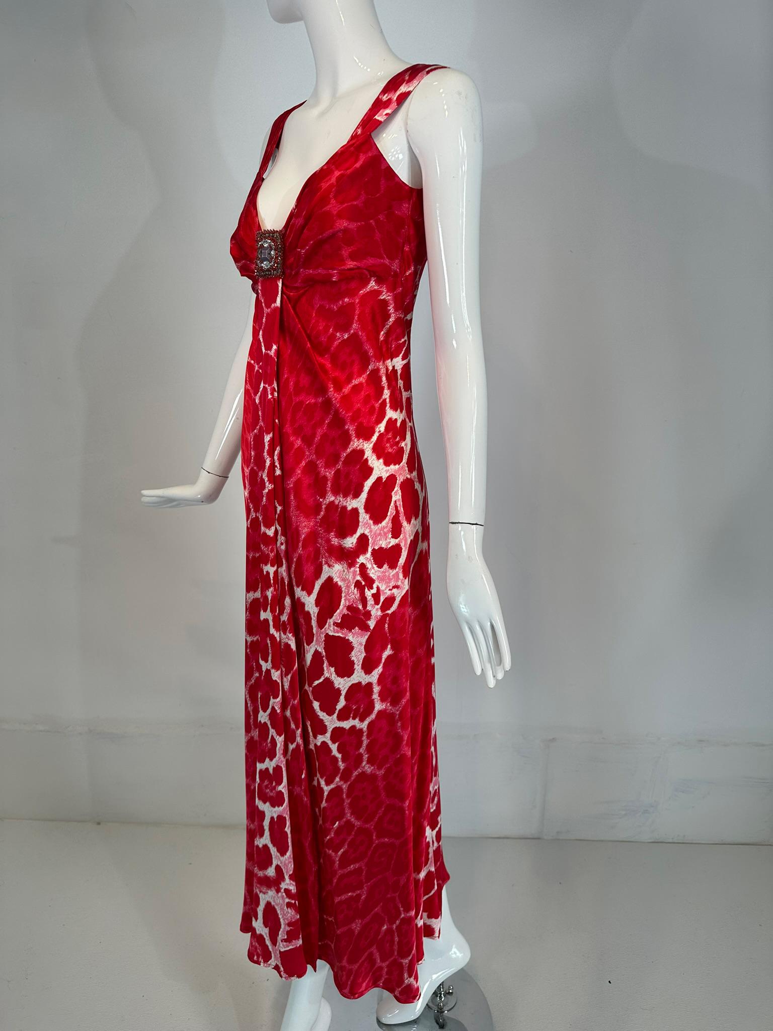 Blumarine Red & White Silk Animal Print Maxi Dress with Jewel Decoration Bodice For Sale 7