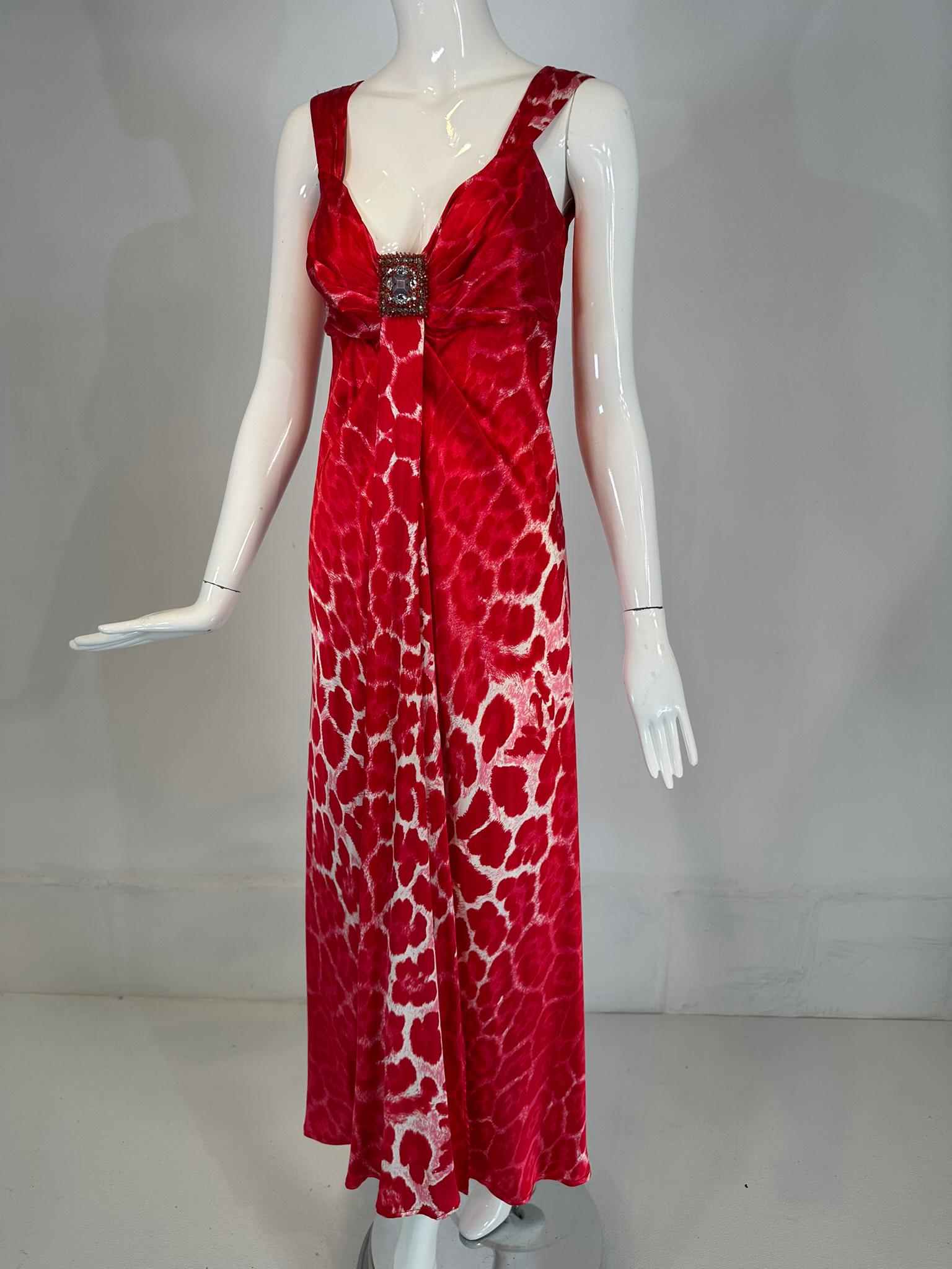 Blumarine Red & White Silk Animal Print Maxi Dress with Jewel Decoration Bodice For Sale 8