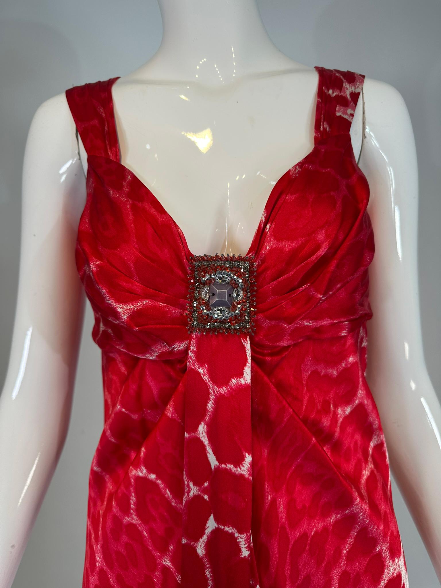 Blumarine Red & White Silk Animal Print Maxi Dress with Jewel Decoration Bodice For Sale 9