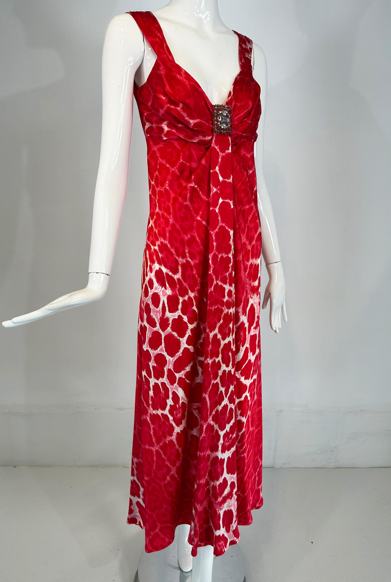 Blumarine red & white silk animal print maxi dress with jewel decoration bodice. Plunge V neckline, with wide shoulder straps.  Empire waist dress with gathers at each side of the bust & upper waist, a square rhinestone applique at the front, there