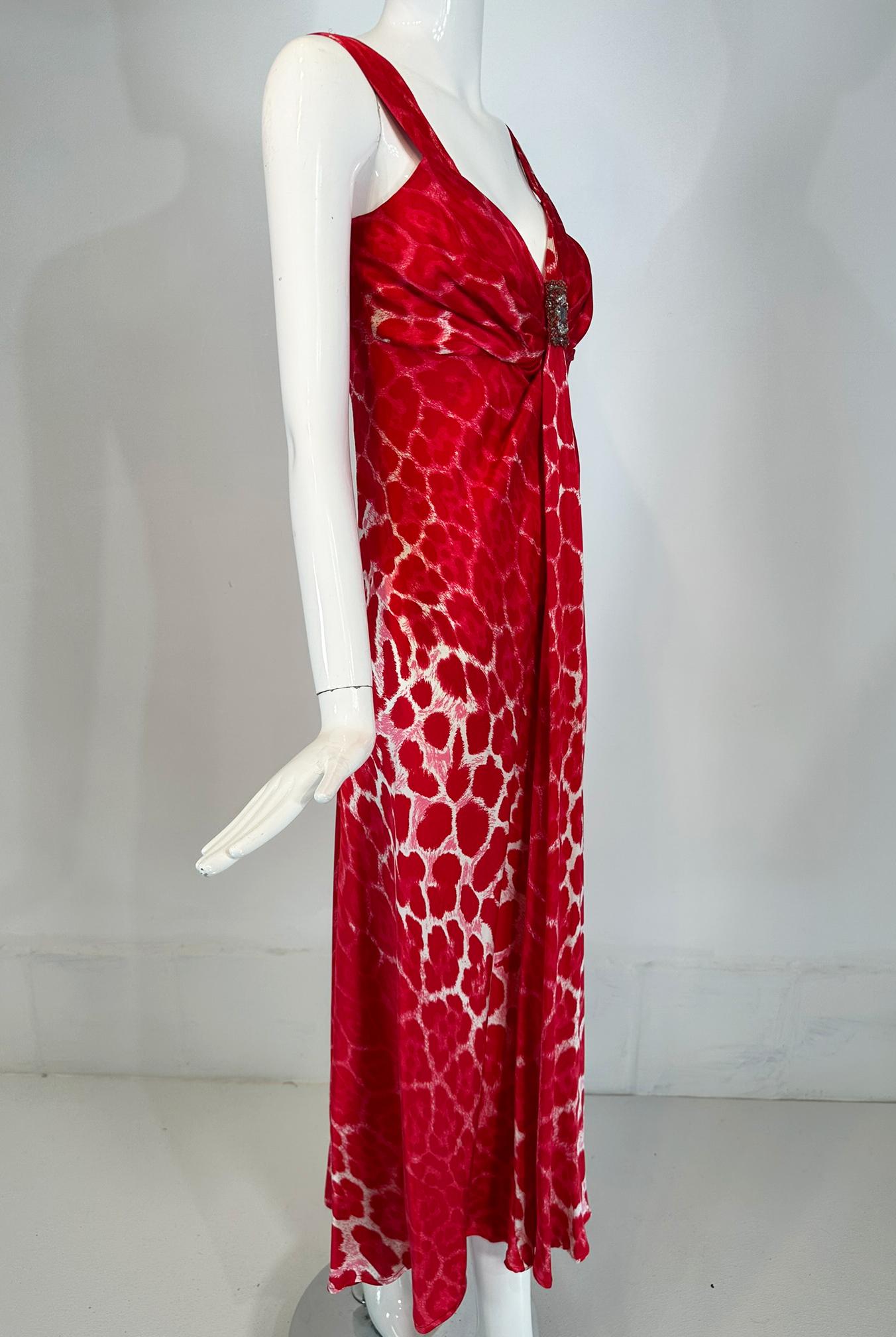 Blumarine Red & White Silk Animal Print Maxi Dress with Jewel Decoration Bodice In Good Condition For Sale In West Palm Beach, FL