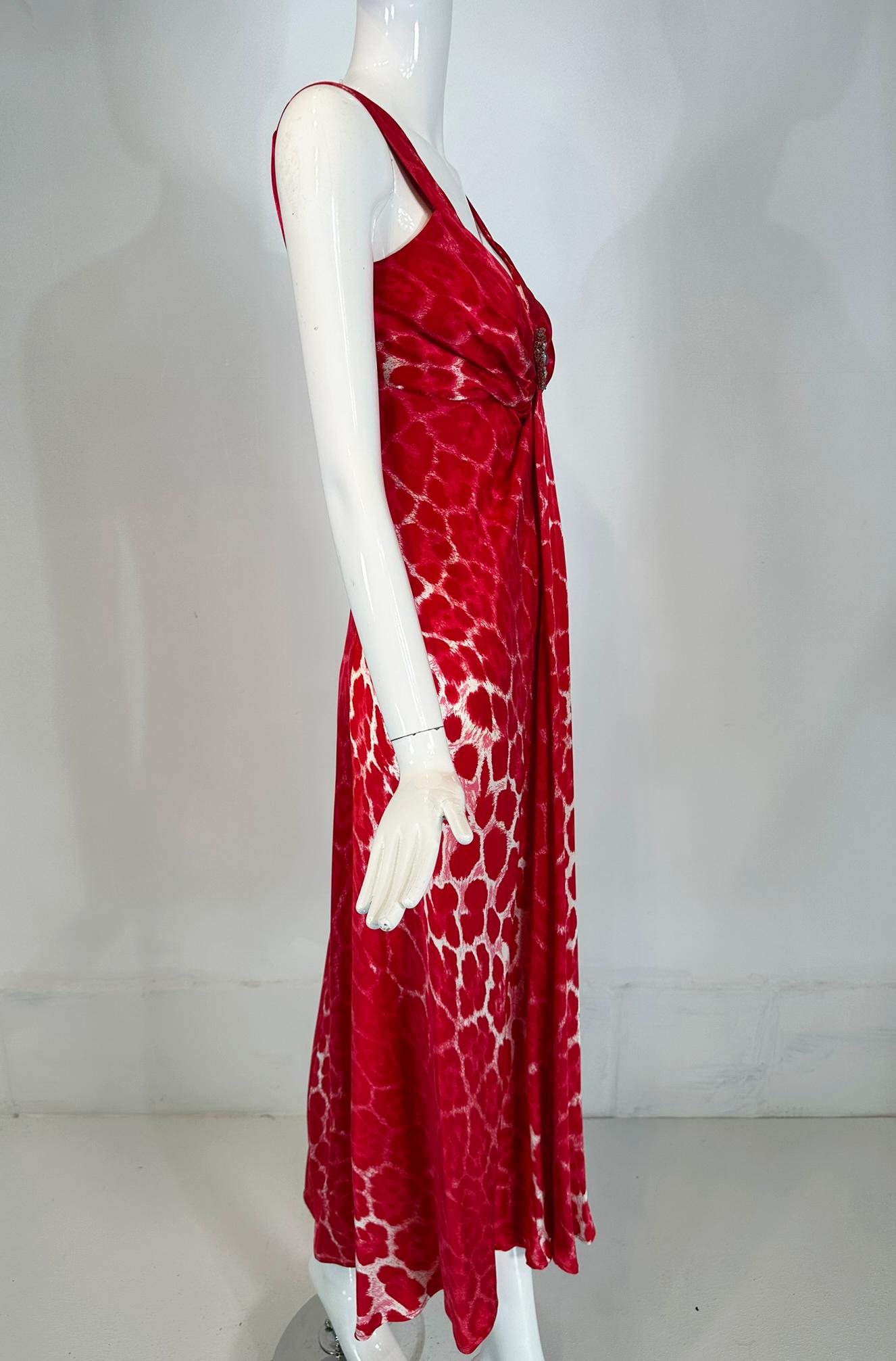 Women's Blumarine Red & White Silk Animal Print Maxi Dress with Jewel Decoration Bodice For Sale