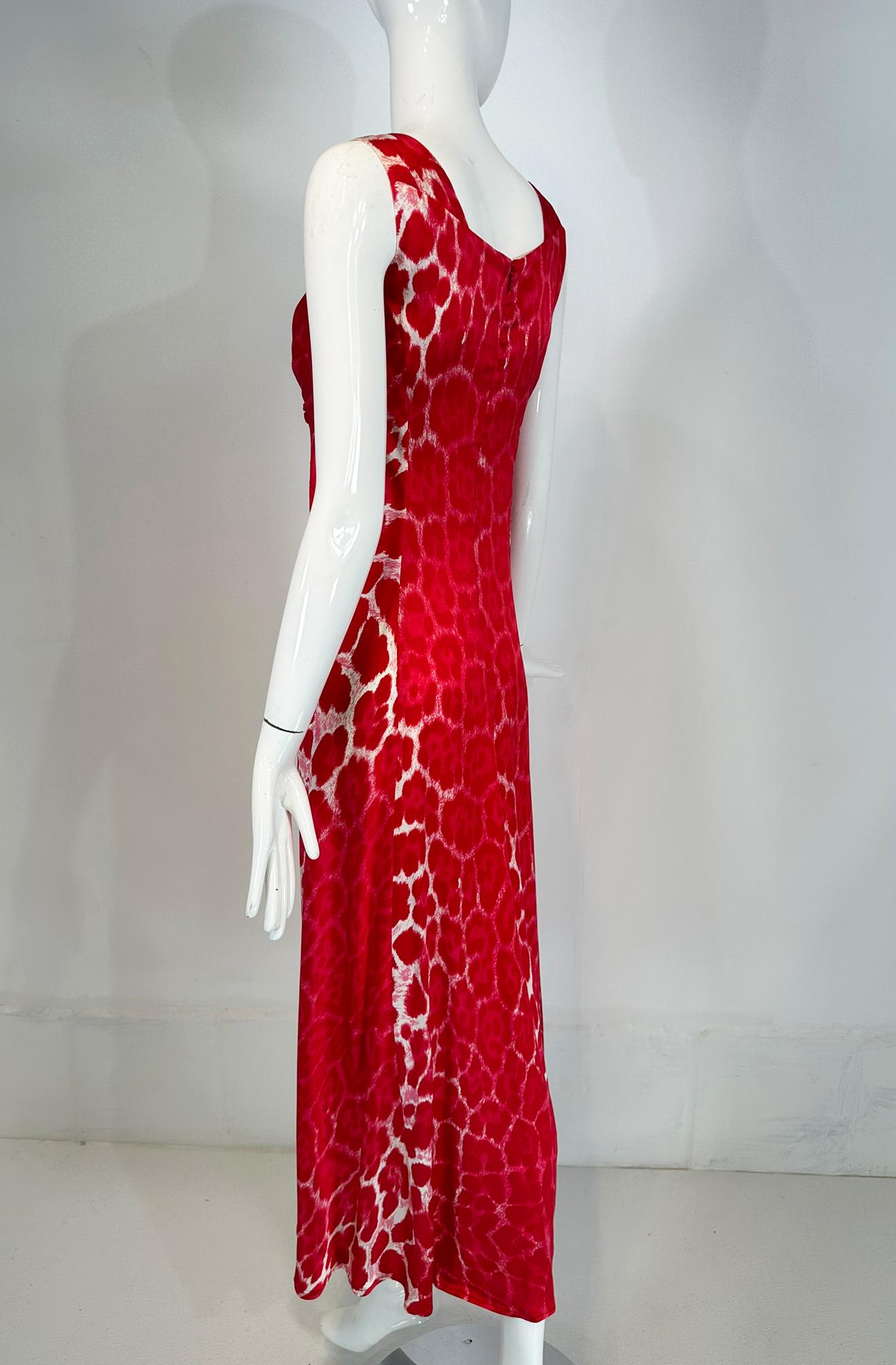 Blumarine Red & White Silk Animal Print Maxi Dress with Jewel Decoration Bodice For Sale 5