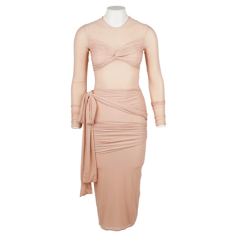 nude mesh ruched dress Plunge Halterneck Layered Sheer Mini Dress In Nude Mesh | EGO US