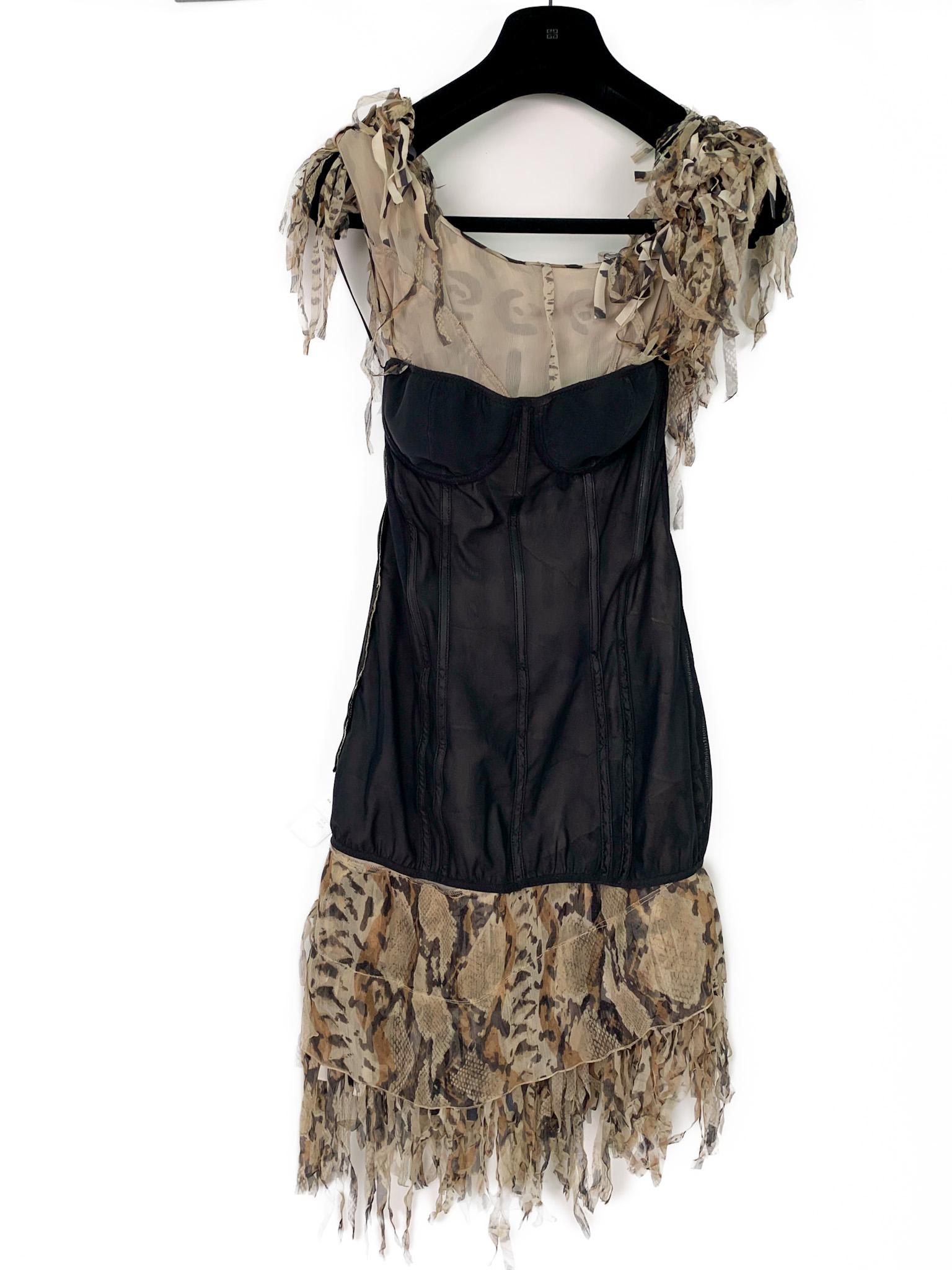 Blumarine 2000s runway animal print fringed asymmetric corseted dress 8