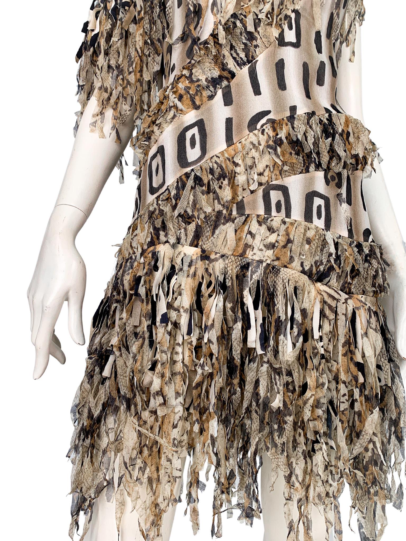 Blumarine 2000s runway animal print fringed asymmetric corseted dress In Excellent Condition In TARRAGONA, ES