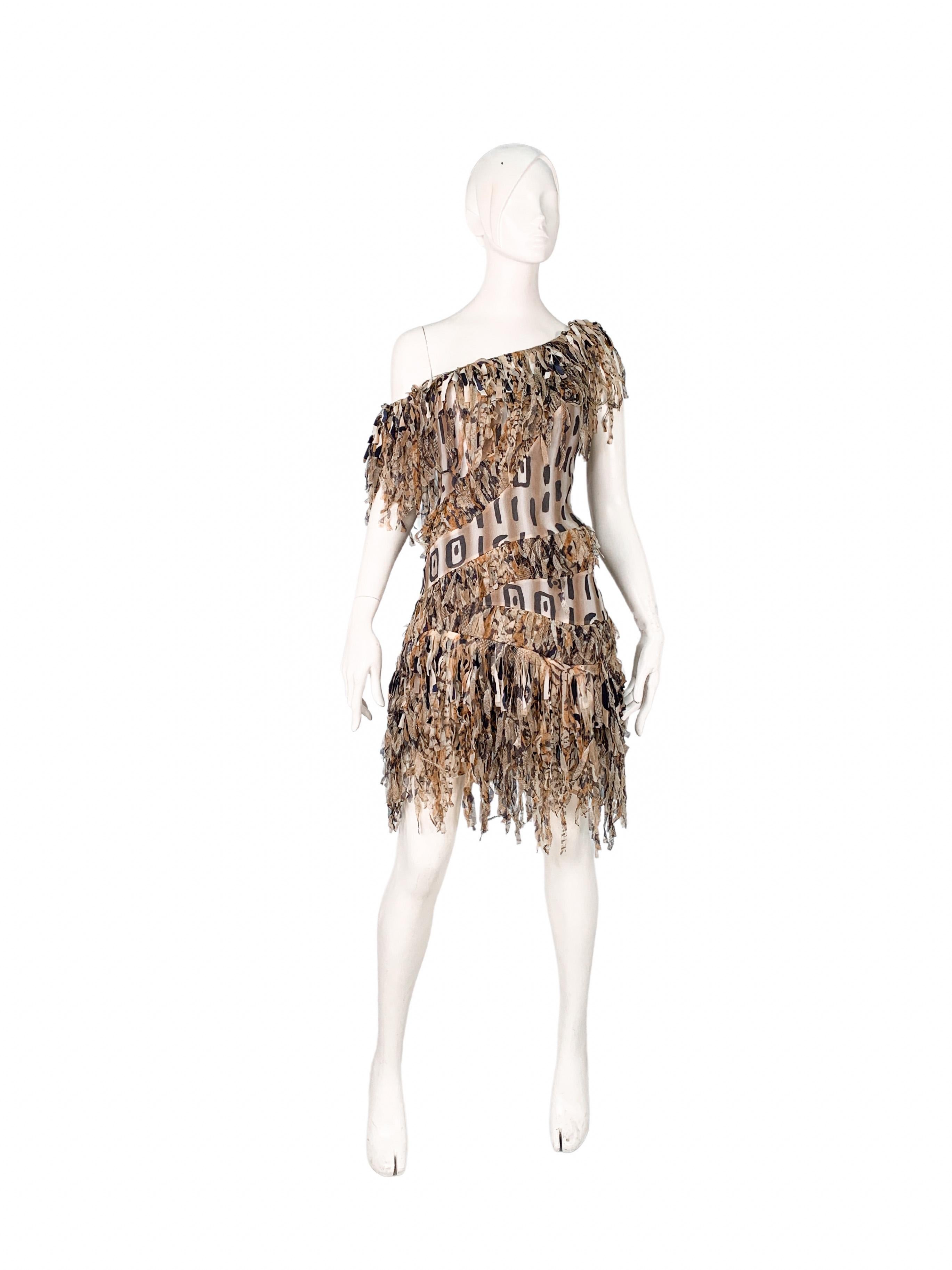 Women's Blumarine 2000s runway animal print fringed asymmetric corseted dress