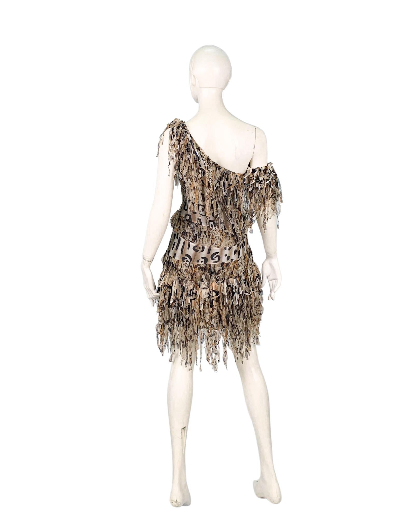 Blumarine 2000s runway animal print fringed asymmetric corseted dress 1
