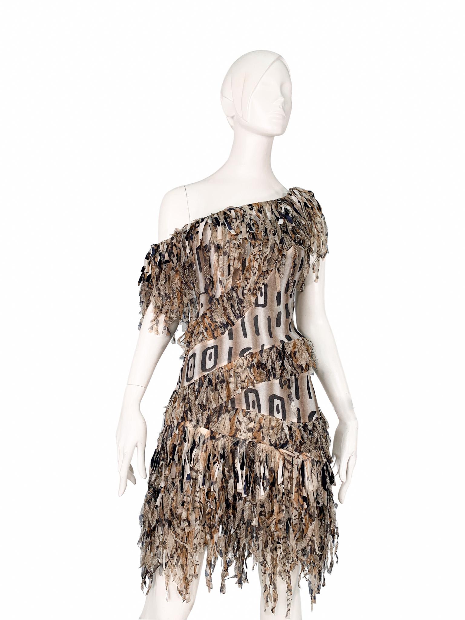 Blumarine 2000s runway animal print fringed asymmetric corseted dress 3