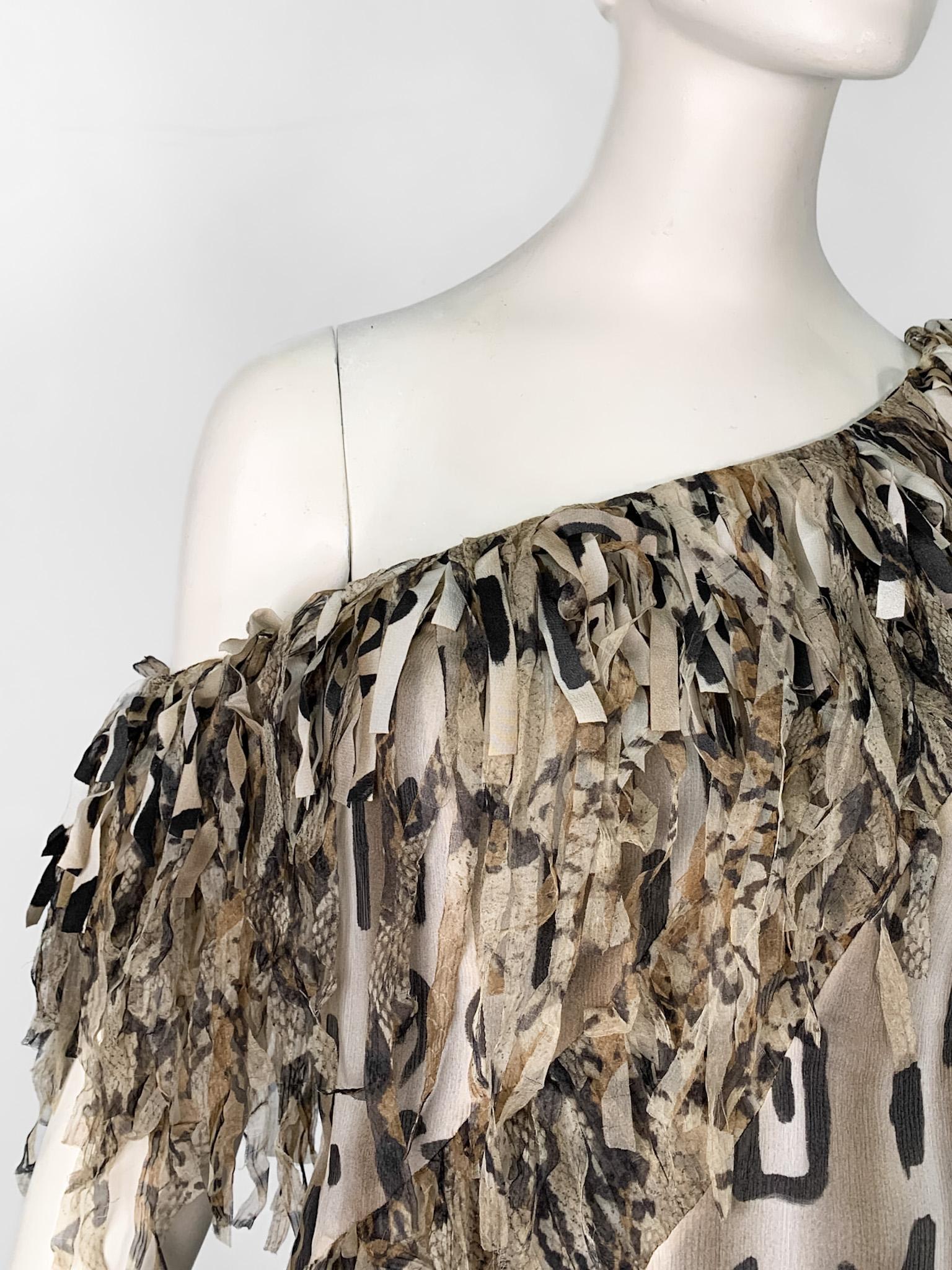 Blumarine 2000s runway animal print fringed asymmetric corseted dress 4