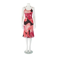 Blumarine S/S 2002 Pink & Black Hibiscus Floral Silk Dress