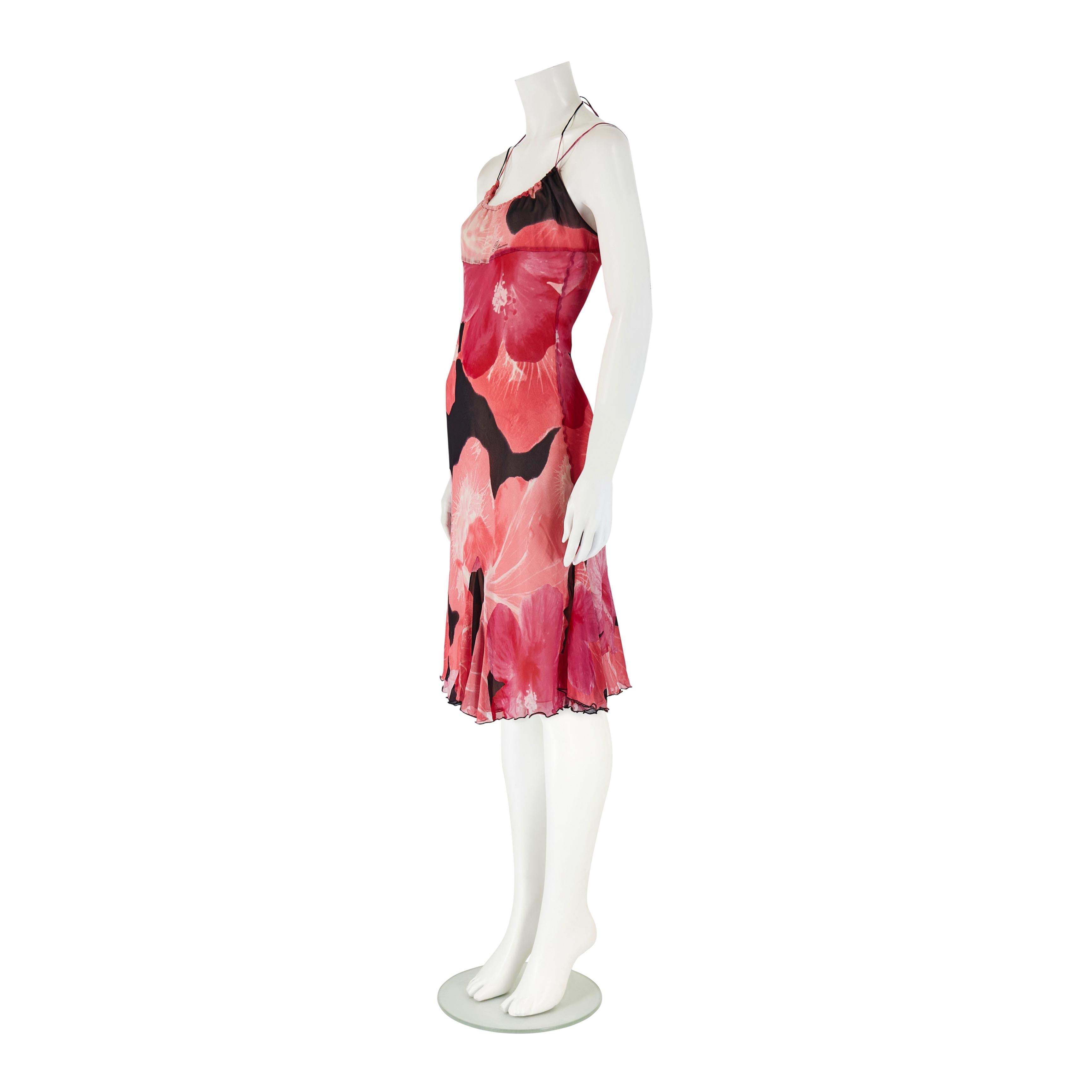 Rose Blumarine S/S 2002 - Robe en soie à fleurs d'hibiscus roses et noires en vente