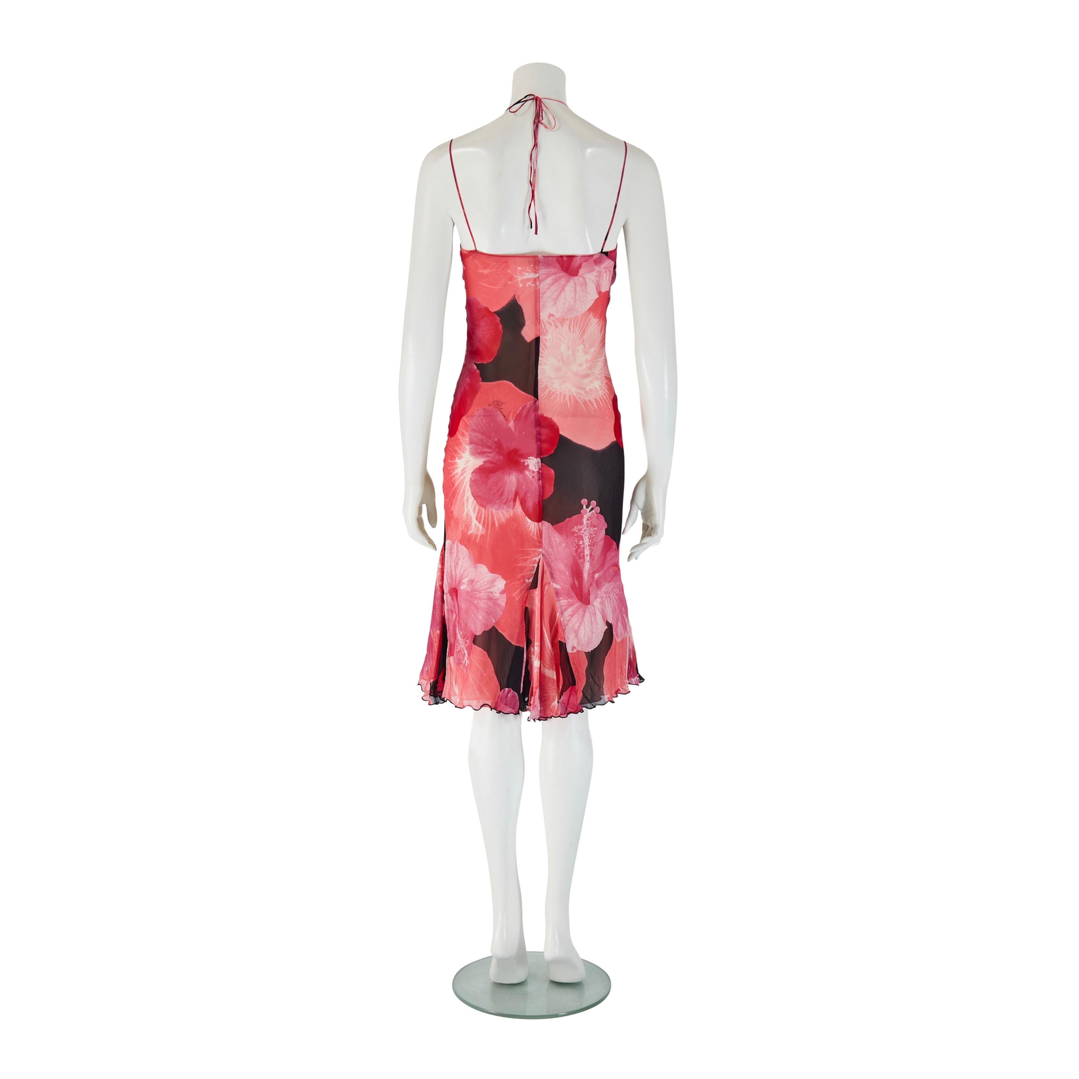 Blumarine S/S 2002 - Robe en soie à fleurs d'hibiscus roses et noires Bon état - En vente à Wembley, GB
