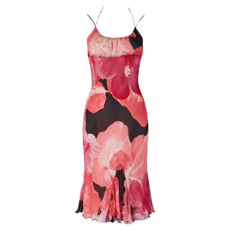 Blumarine S/S 2002 Pink and Black Hibiscus Floral Silk Dress at 1stDibs