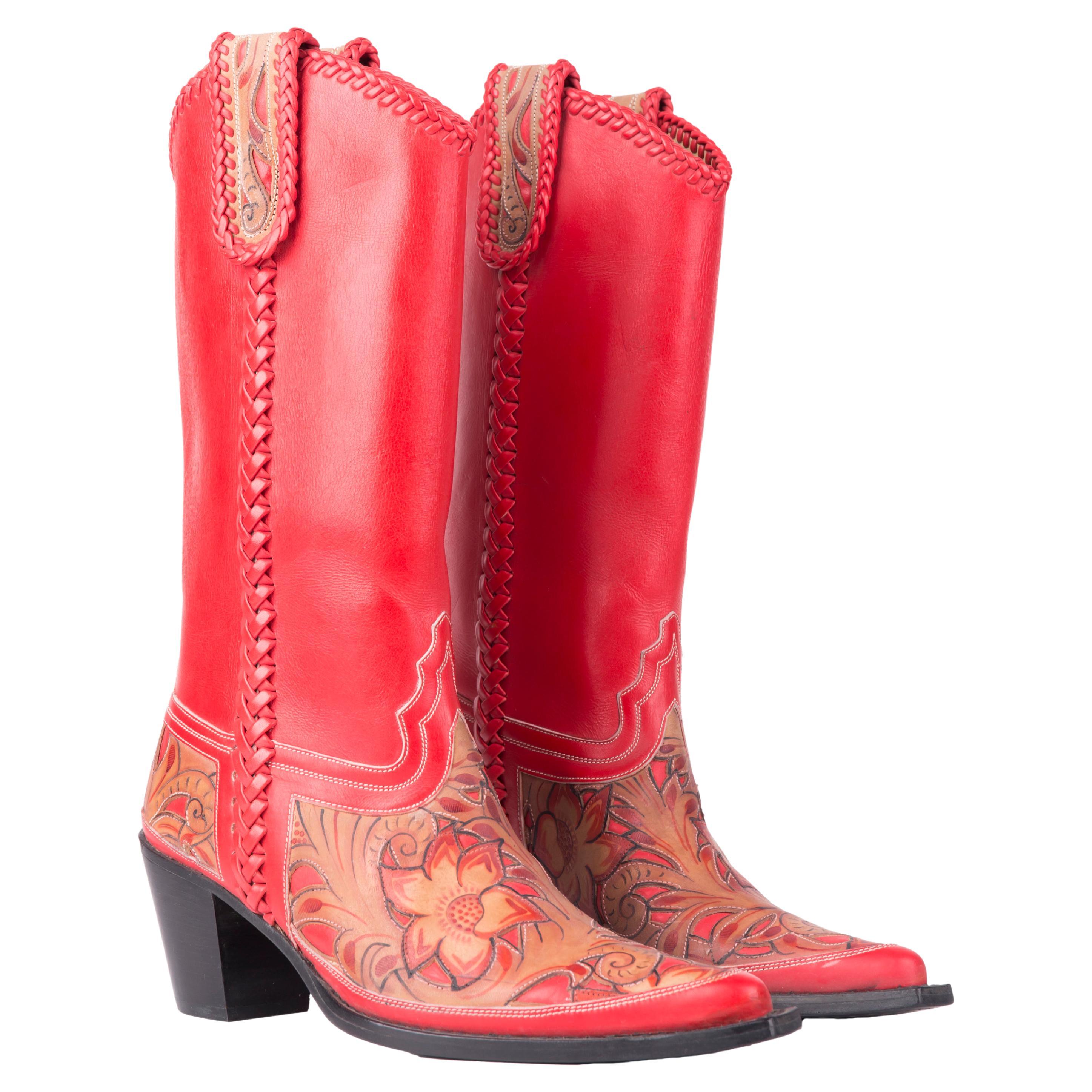 Blumarine S/S 2002 red floral hand-painted cowboy boots For Sale