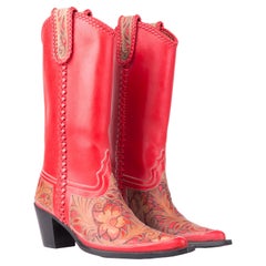 Blumarine S/S 2002 red floral hand-painted cowboy boots