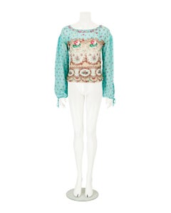 Blumarine S/S 2005 Blusa de seda con lentejuelas florales azules