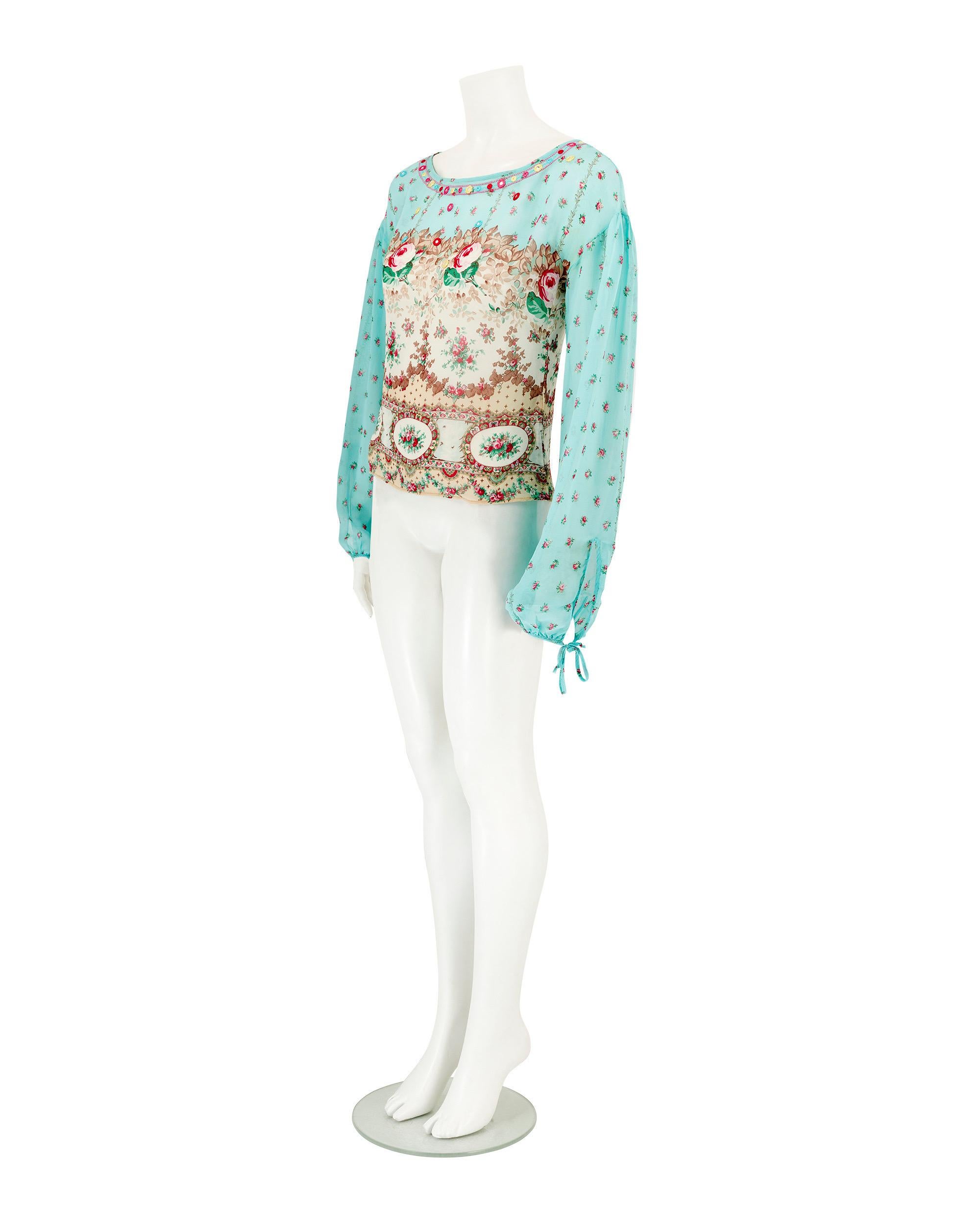 Blumarine S/S 2005 - Chemisier en soie à sequins floraux - Bleu Bon état - En vente à Wembley, GB