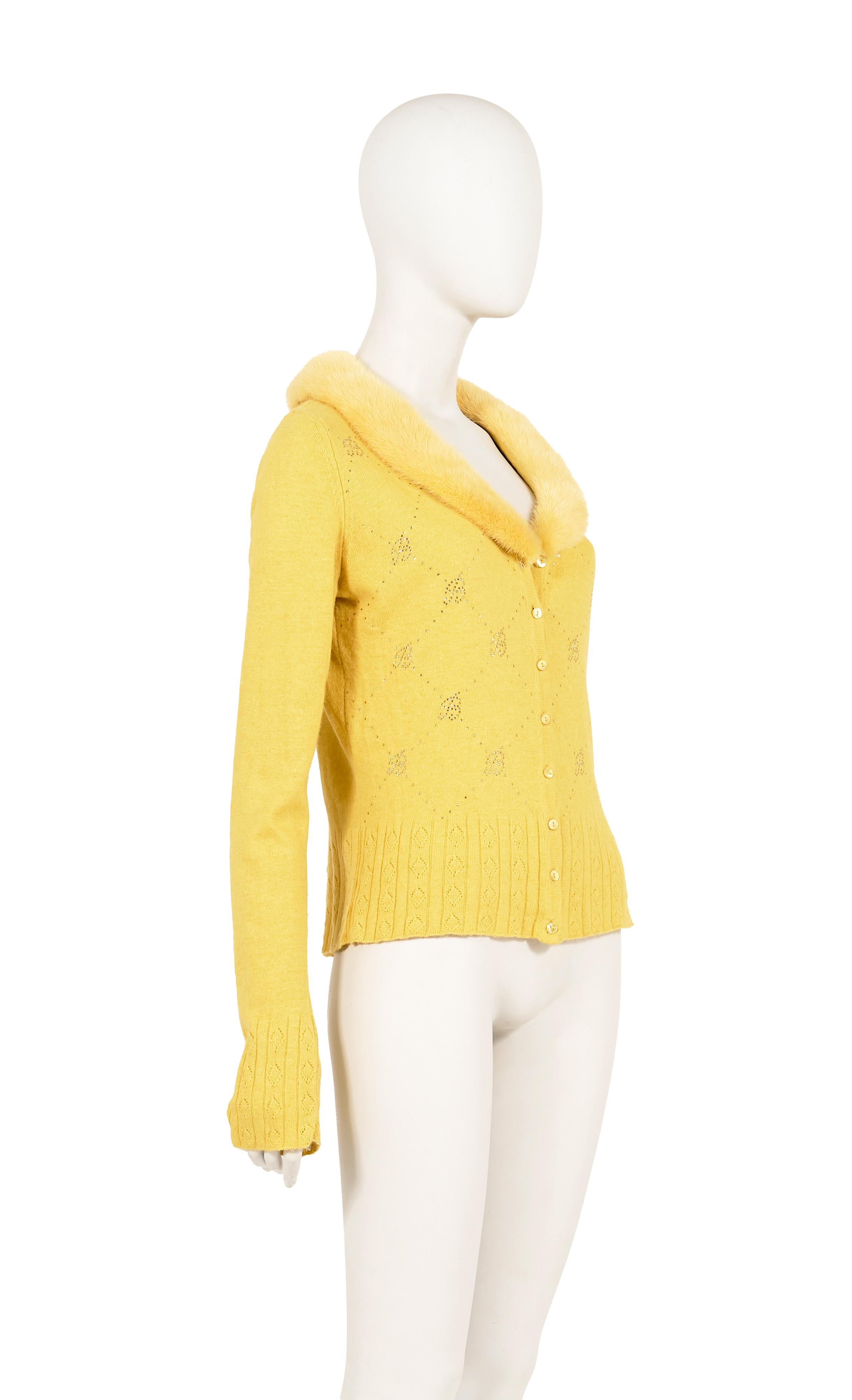 Women's Blumarine S/S 2005 mustard yellow monogram mink knit fur cardigan For Sale
