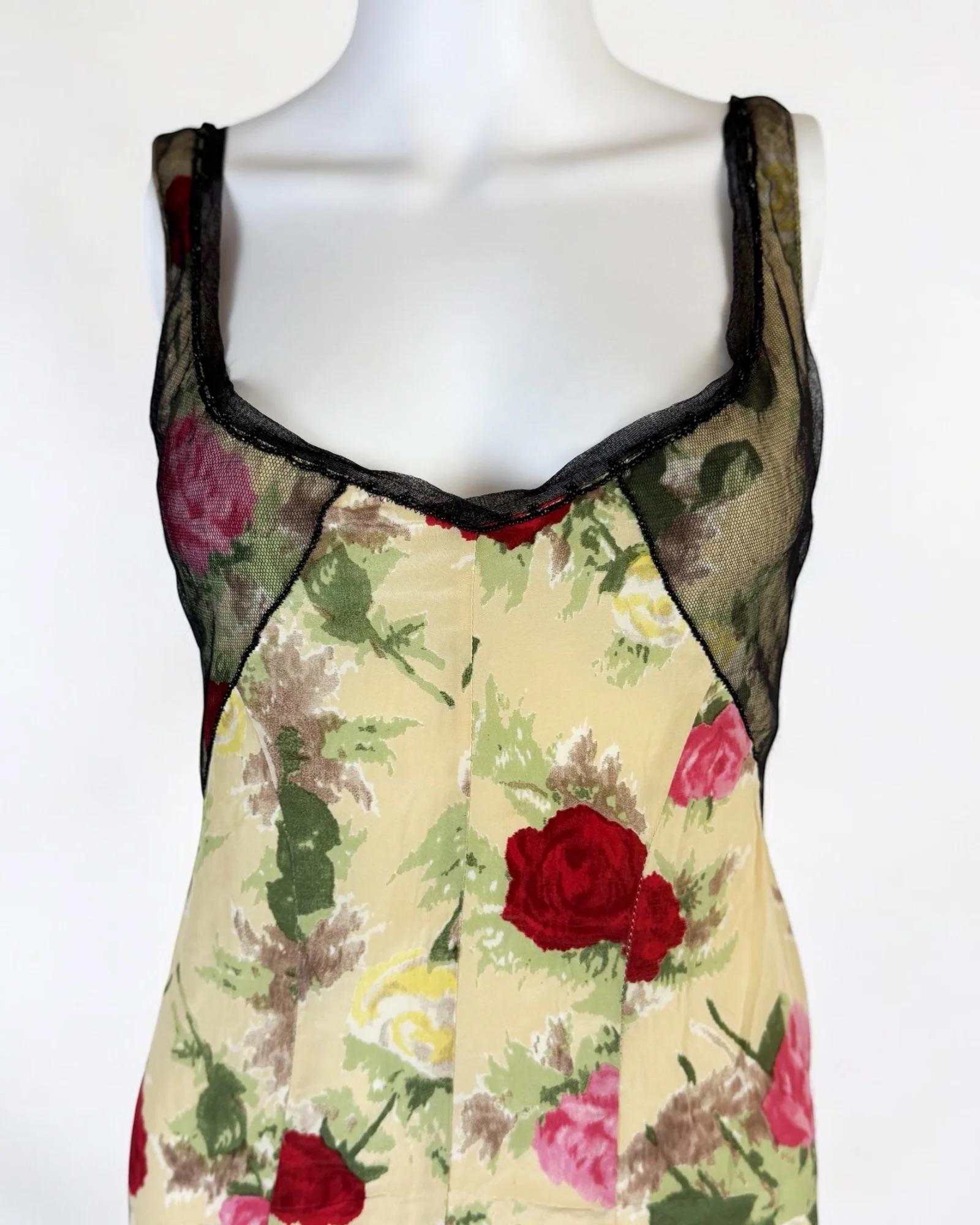 Blumarine Silk Floral Dress w Mesh, SS 1999 In Good Condition For Sale In Marlborough, GB