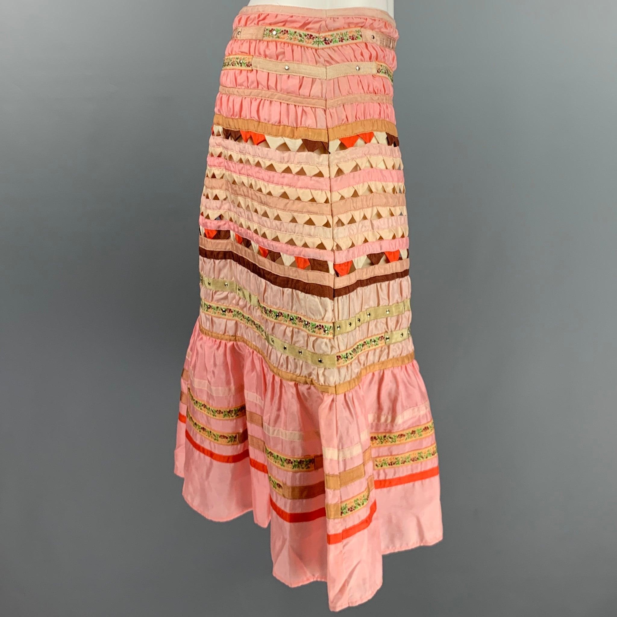 BLUMARINE skirt in a pink and beige silk fabric featuring vibrant stripes, floral ribbon details, silver tone stud details, an A-line style, and side snap closure.. Made in Italy.New with Tags. 

Marked:   IT 40 

Measurements: 
  Waist: 28 inches