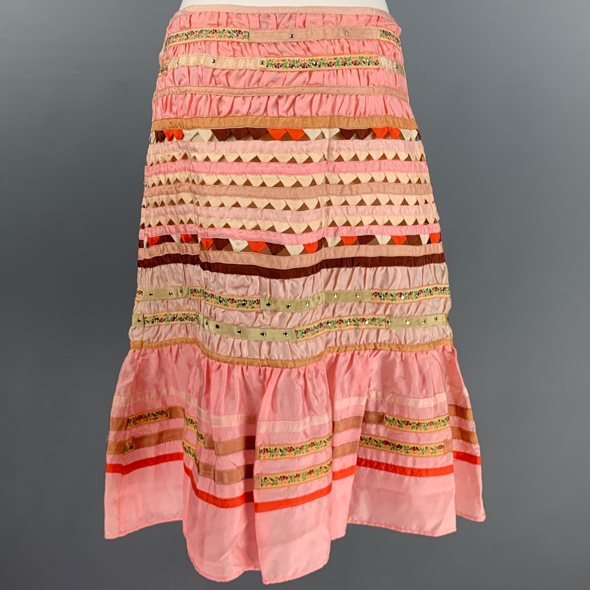 BLUMARINE Size 4 Pink Beige Silk Ruffled A-Line Skirt In Excellent Condition For Sale In San Francisco, CA
