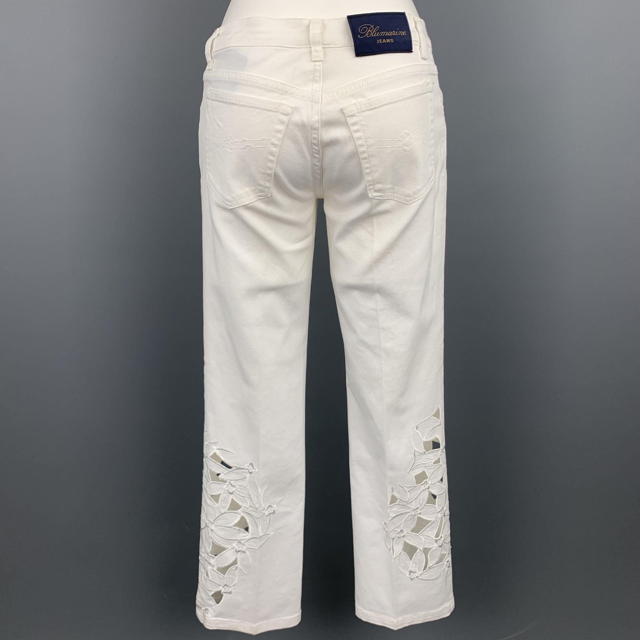 BLUMARINE Size 4 White Denim Embroidered Cut Out Jeans In Good Condition For Sale In San Francisco, CA