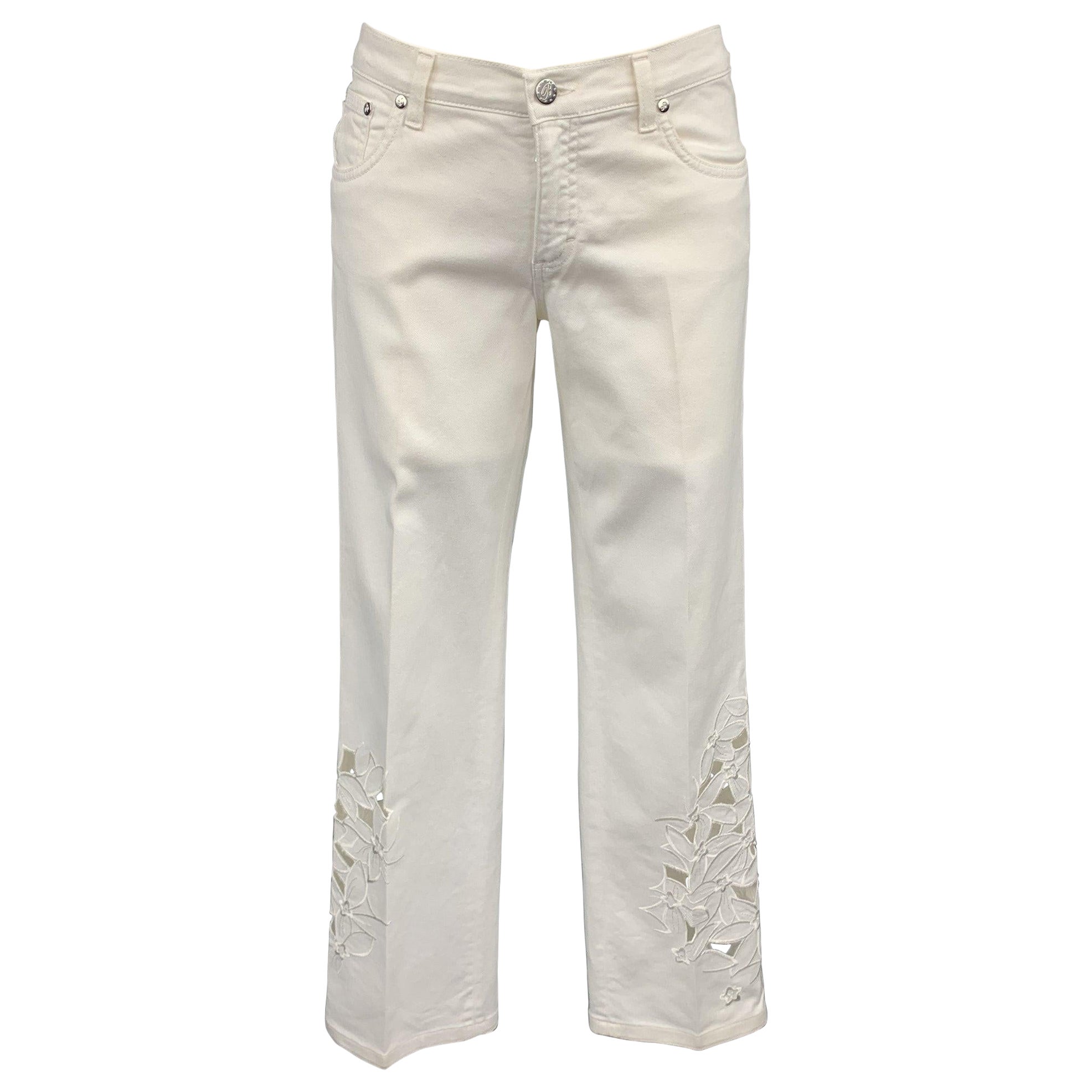 BLUMARINE Talla 4 Denim Blanco Bordado Recortado Jeans en venta