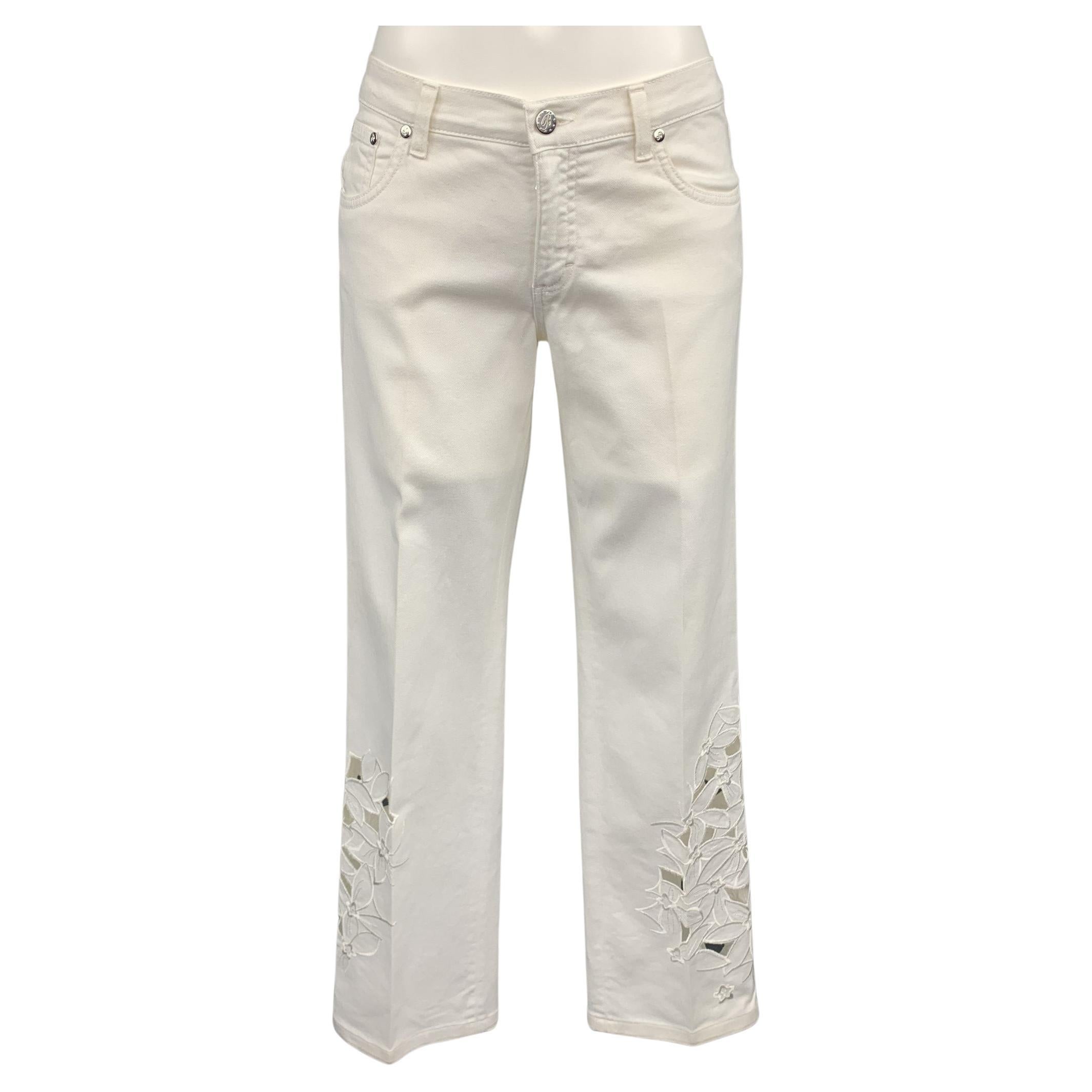 BLUMARINE Size 4 White Denim Embroidered Cut Out Jeans For Sale at 1stDibs