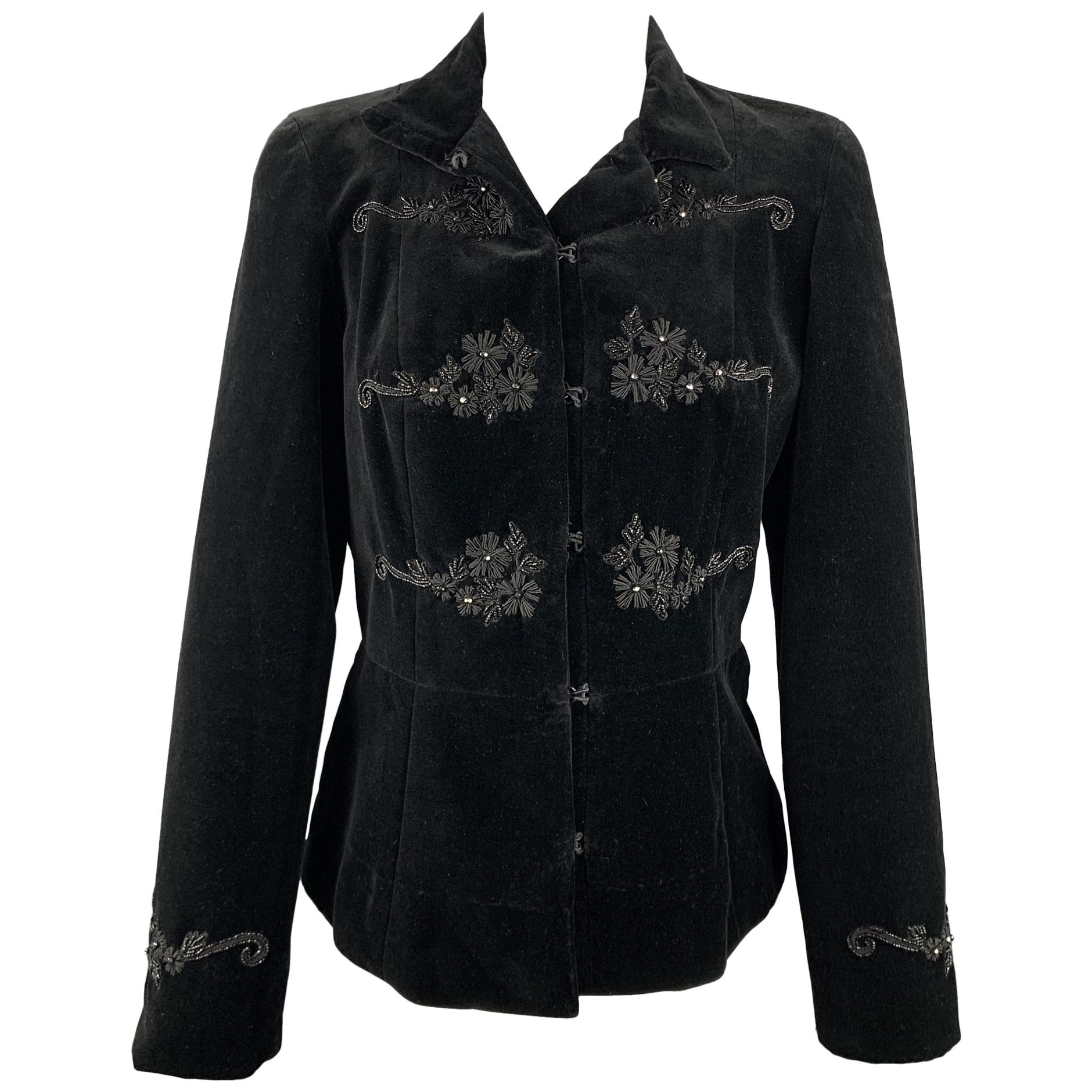 BLUMARINE Size 6 Black Embroidered Cotton Velvet Hook & Eye Jacket