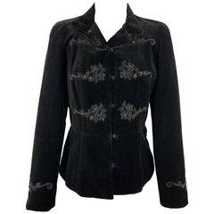 BLUMARINE Size 6 Black Embroidered Cotton Velvet Hook & Eye Jacket