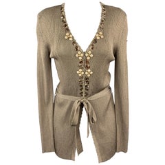 BLUMARINE - Cardigan à col en V embelli en tricot taupe scintillant, taille 8