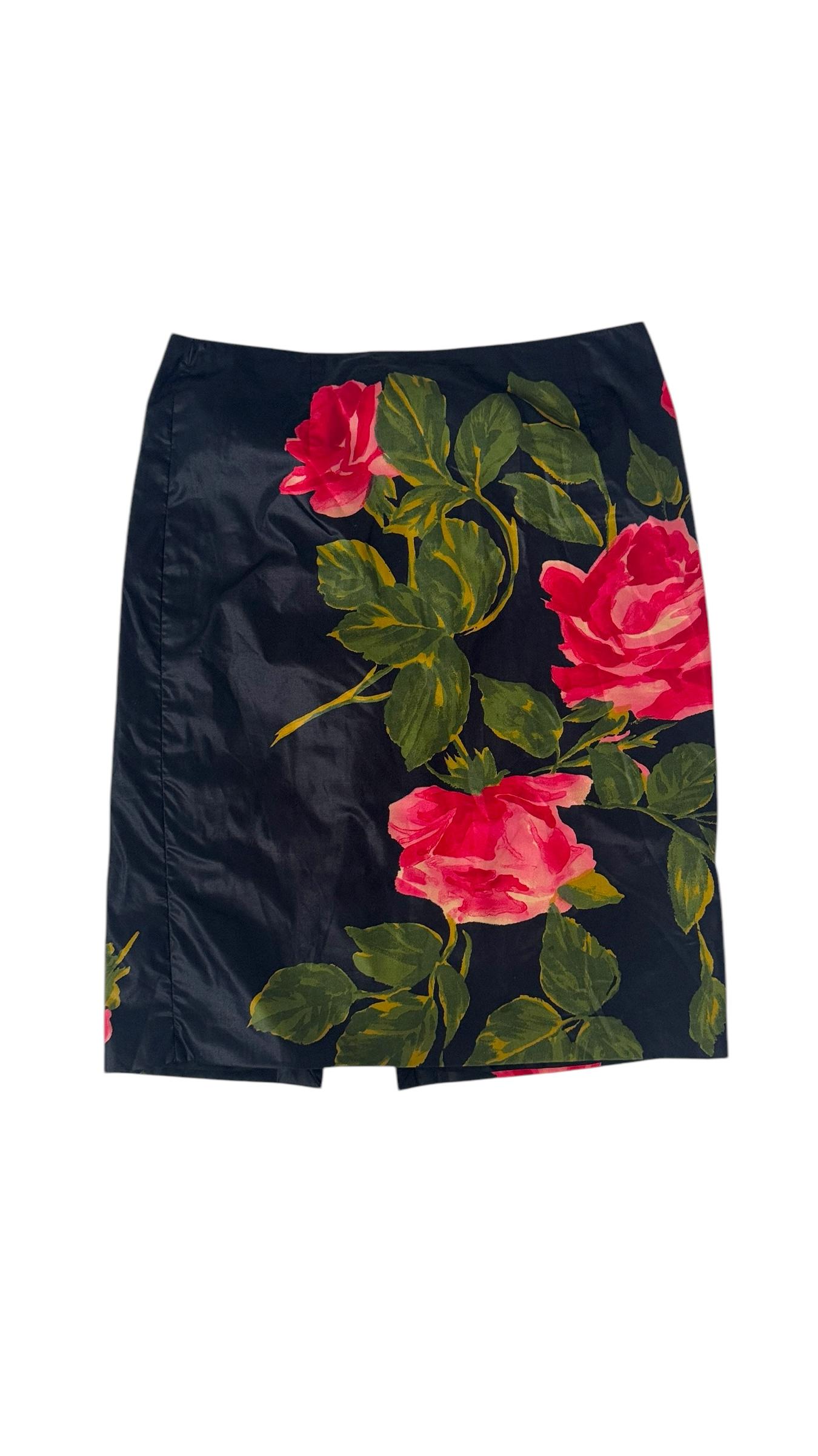 Blumarine Primavera/Verano 2001 Falda Midi Estampada Rosa Negra Black en venta