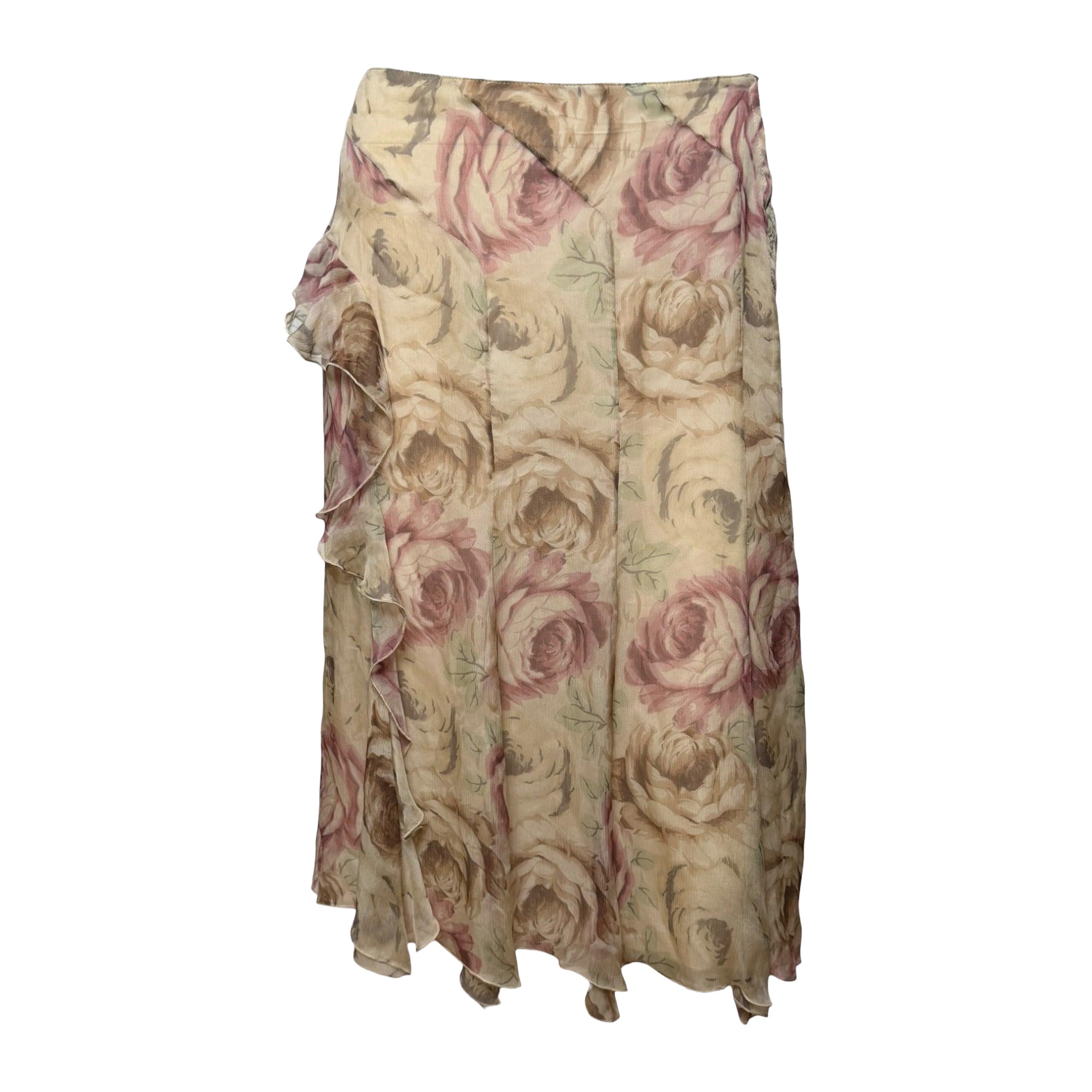 Blumarine SS2002 Falda envolvente de gasa de seda con estampado de rosas