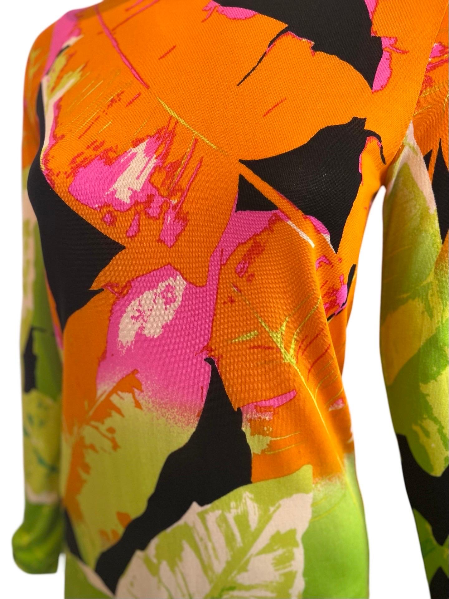Y2K Blumarine softest fine knit silk dress in bright tropical orange and green and pink.  Long Sleeves and hits around the knee.  Very lightweight and excellent for summer breezes. 

Chest 34”
Shoulders 15”
Length 39”
Arms 28”

100% silk knit