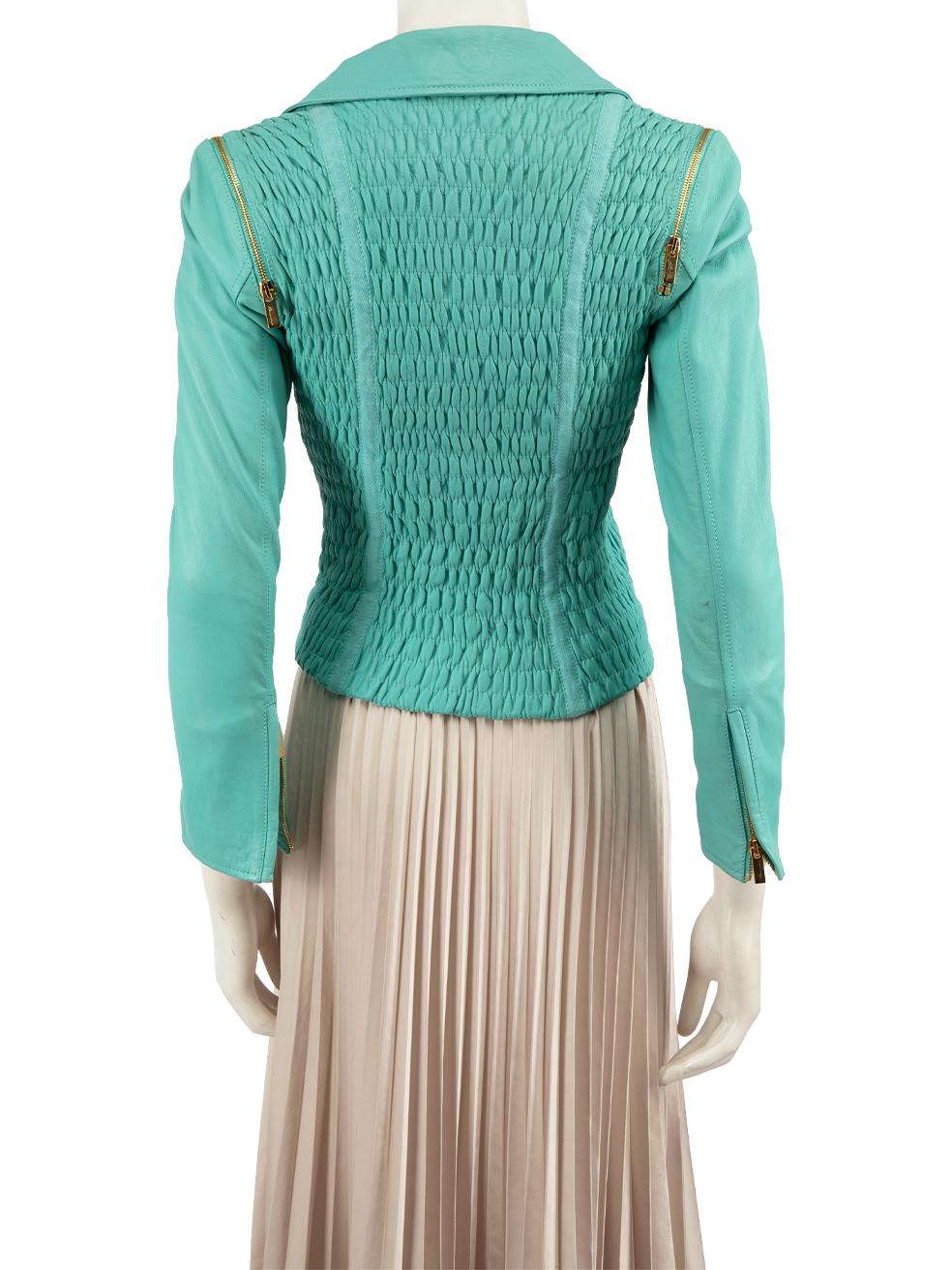 Blue Blumarine Turquoise Leather Ruched Biker Jacket Size XS For Sale