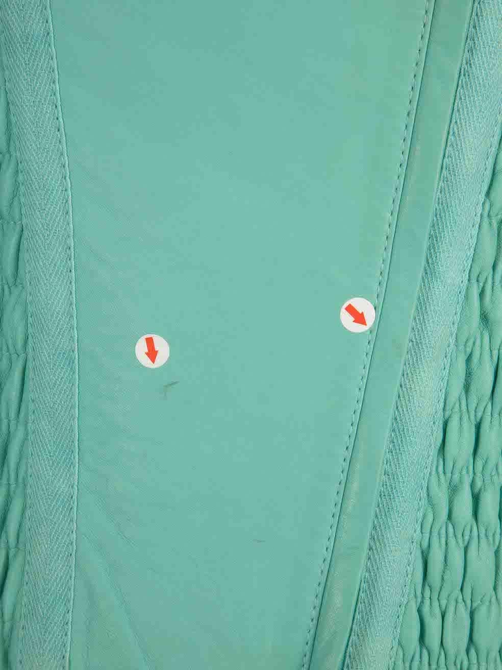 Blumarine Turquoise Leather Ruched Biker Jacket Size XS In Excellent Condition For Sale In London, GB