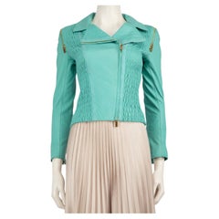 Blumarine - Giacca biker in pelle increspata turchese taglia XS