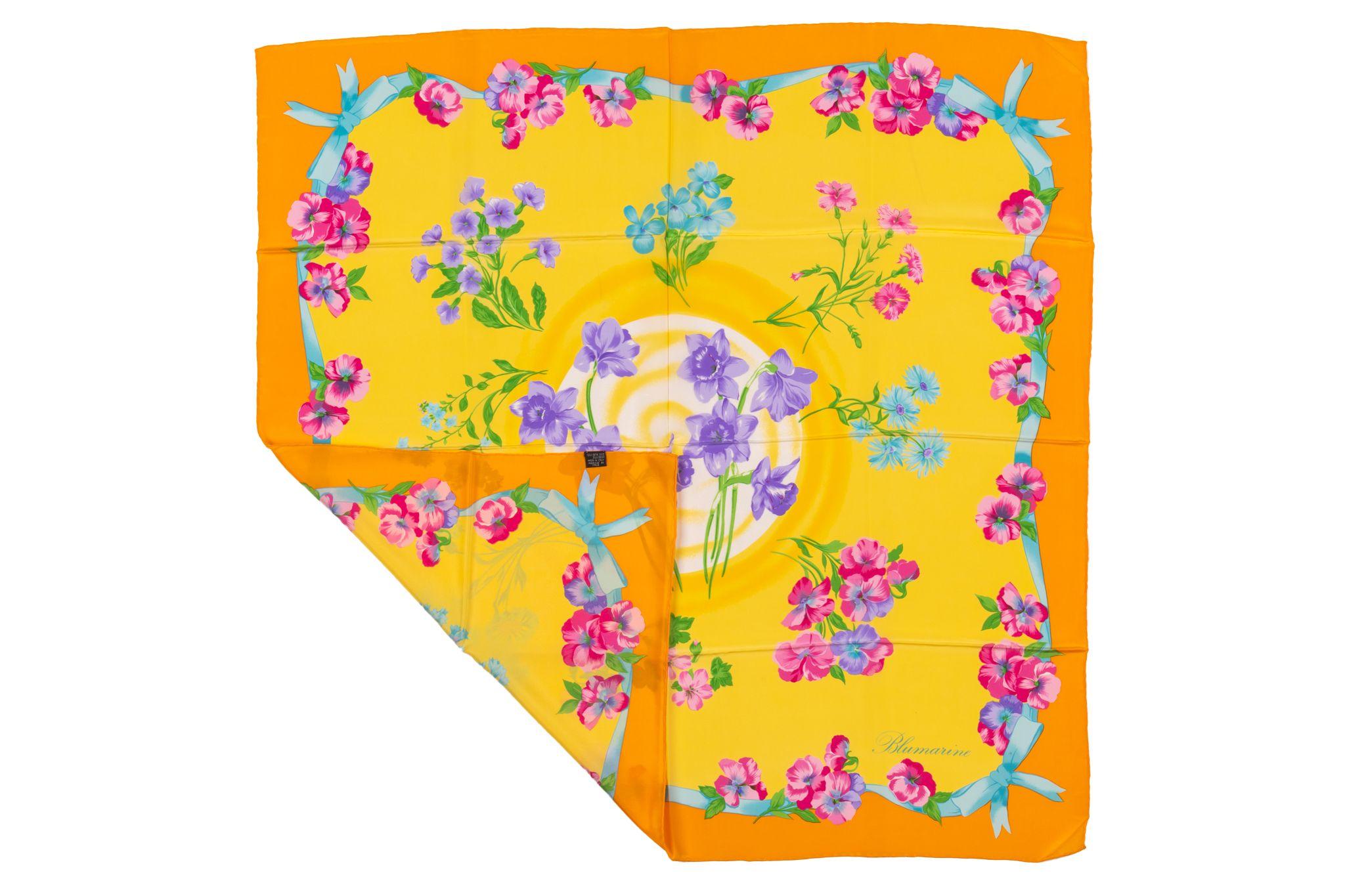 Blumarine Vintage Floral Silk Scarf in yellow. The pattern features several flowers in different colors. The item is in excellent condition.