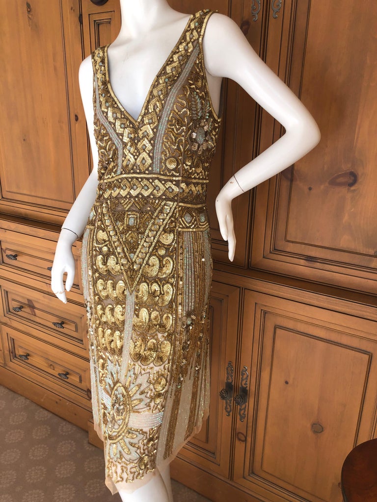 Blumarine Vintage Gold Low Cut Flapper Dress with Art Deco Pattern